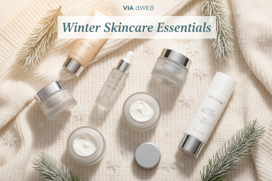 Winter skincare essentials featuring moisturizers, serums and SPF for cold weather skin protection