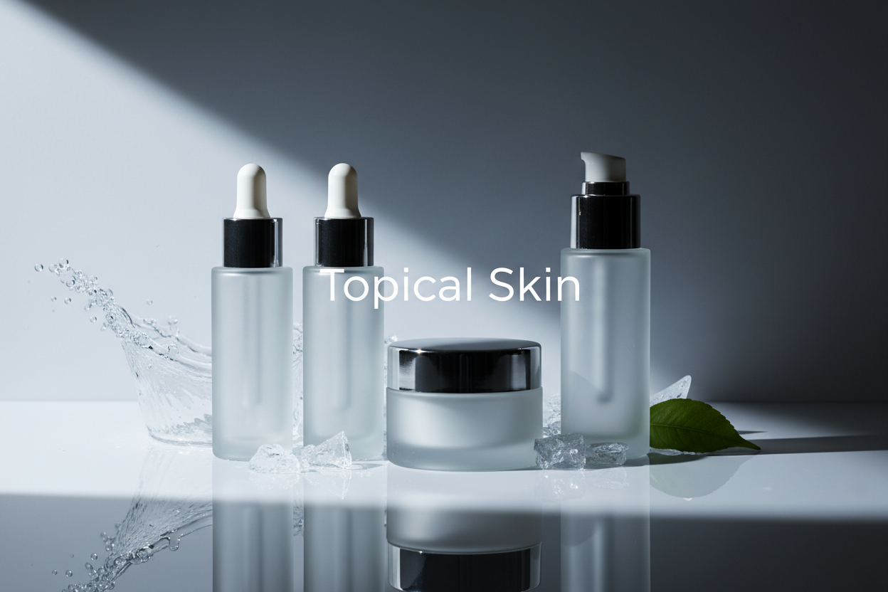 Topical Skin premium scientific skincare collection featuring glass bottles with silver accents, serums and moisturizers