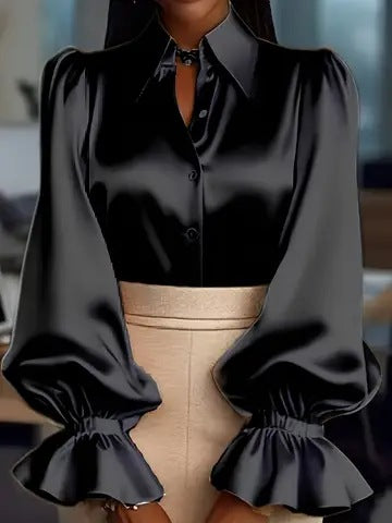 New Stylish Solid-colored Bubble Sleeve Long-sleeve Lapel Satin Shirt For Commuting