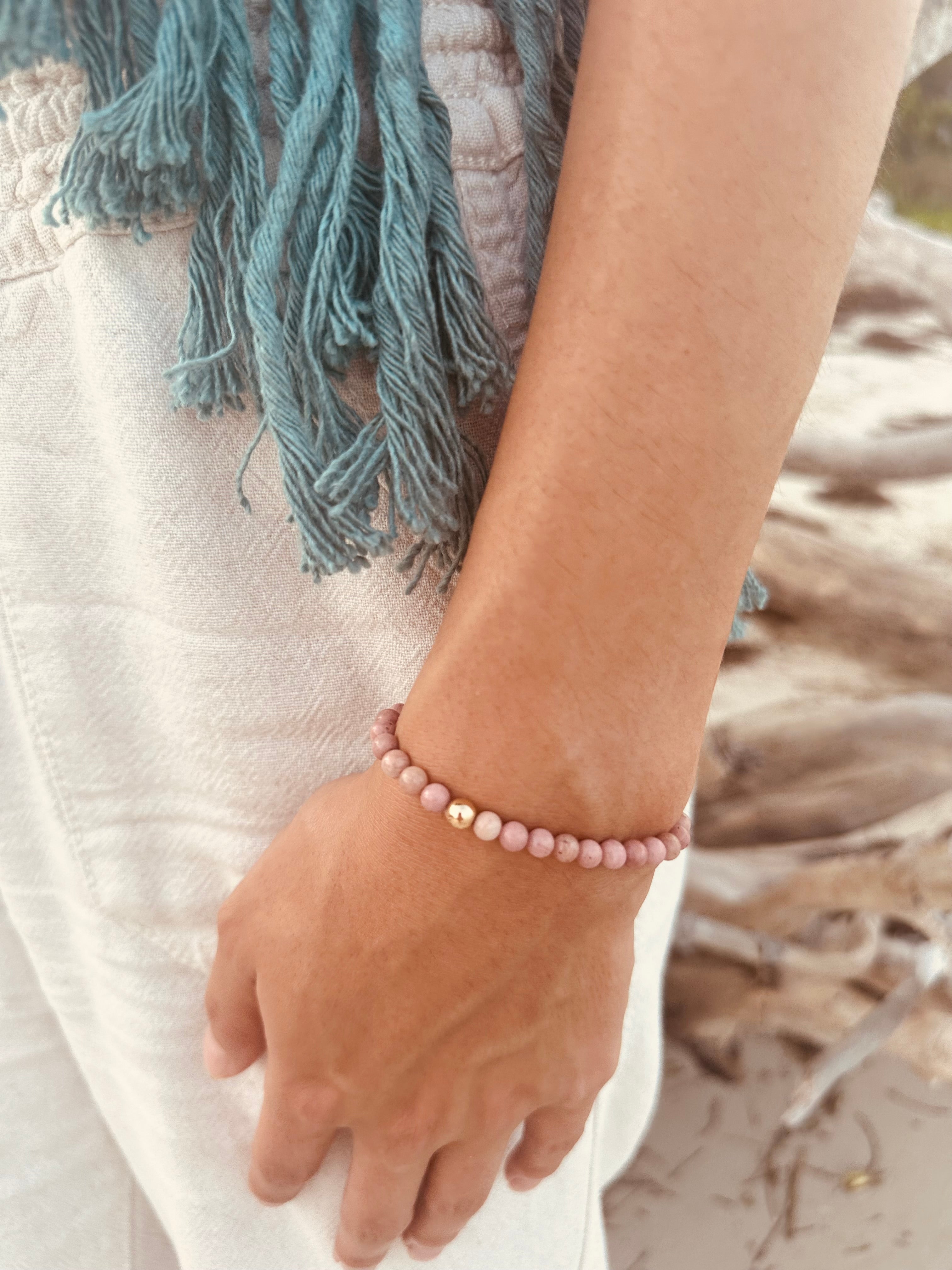 Natural Pink Rhodonite + 14k Gold Filled || Stretch Bracelet