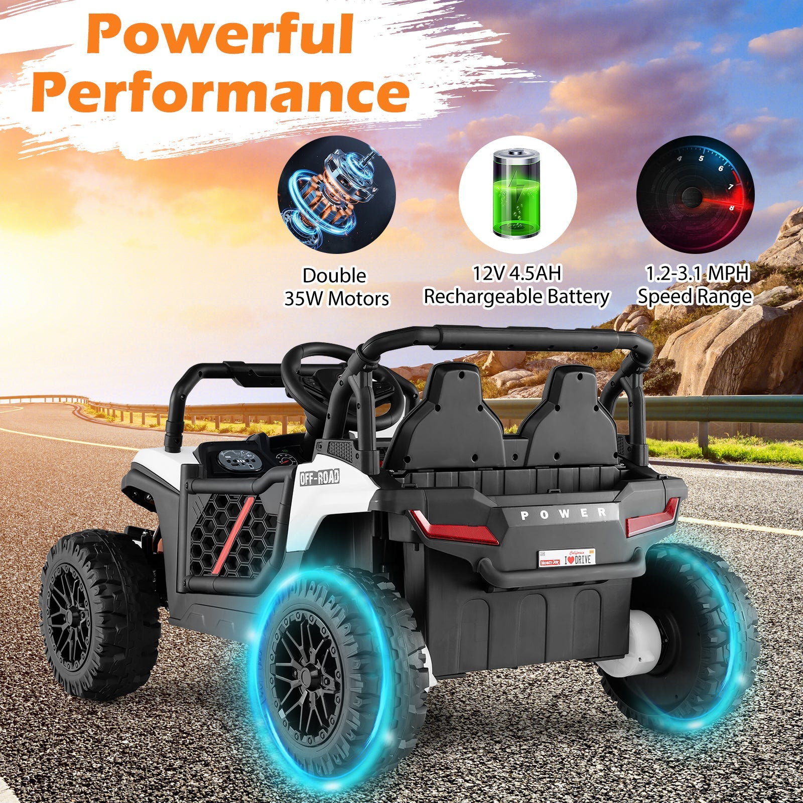 12V Kids Ride on Truck Off-Road UTV with Parental Remote and Lights-White