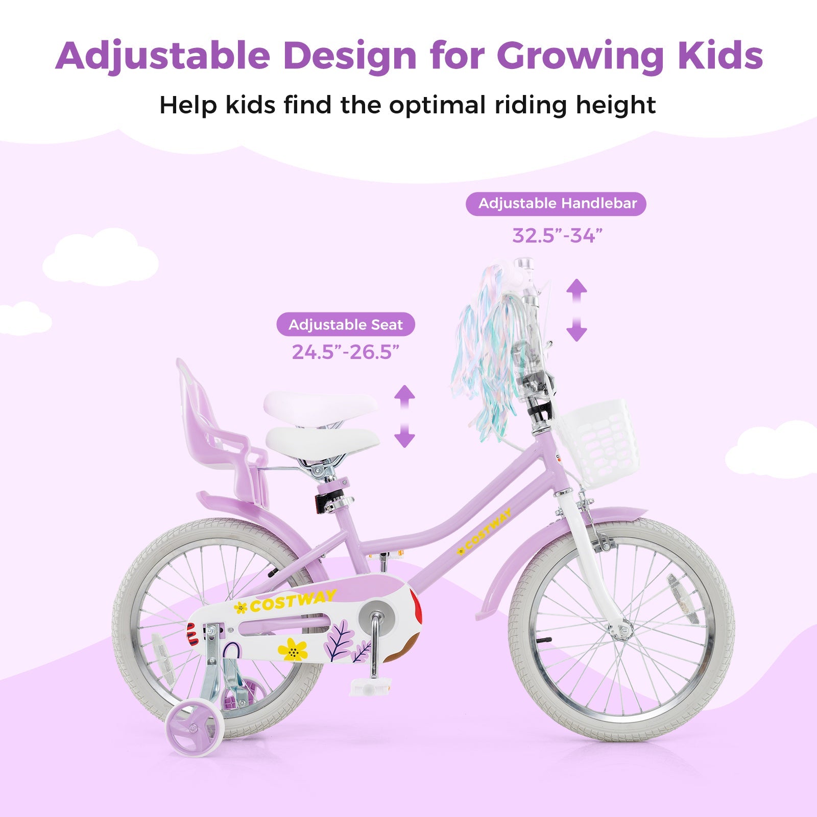 18 Inch Girls Bike Kids Bicycle with Doll Seat and Streamers for Children 4-8 Years Old