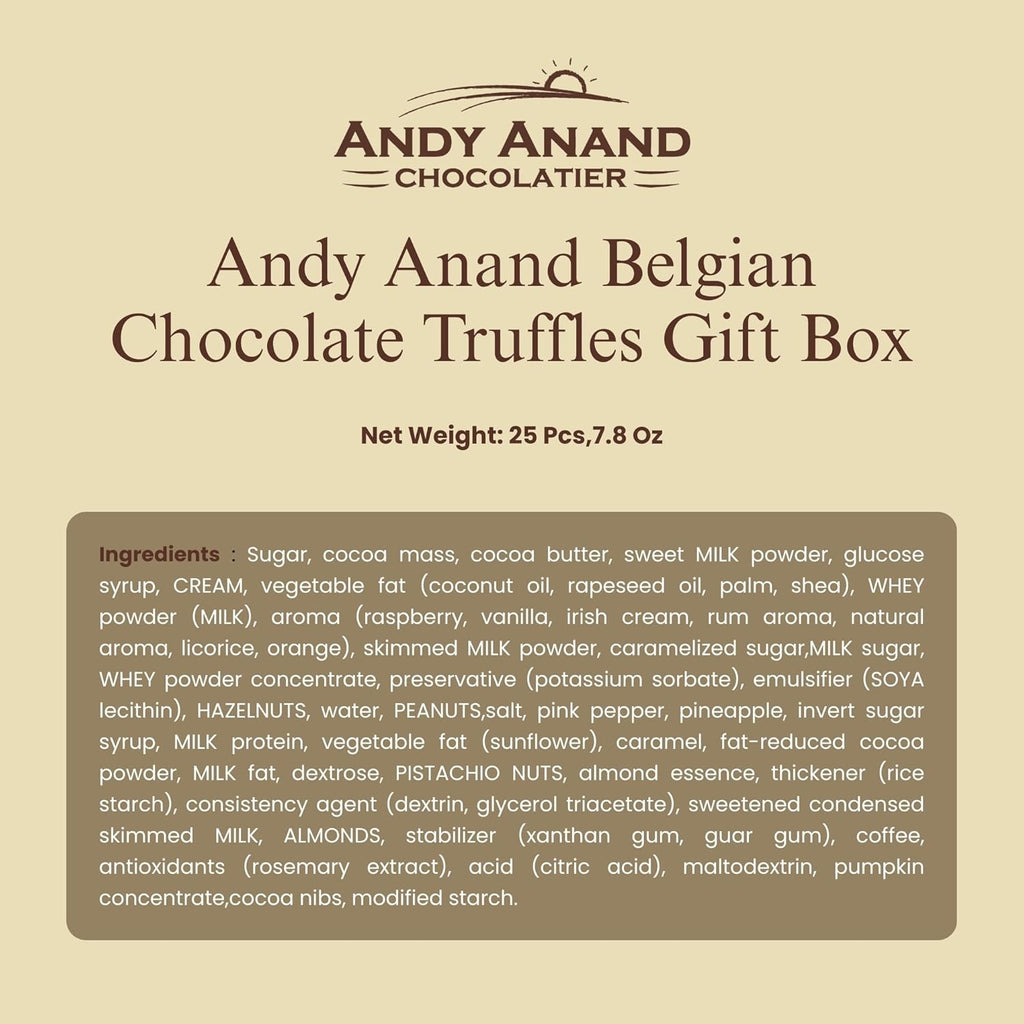 Andy Anand Belgian Chocolate Truffles Gift Box – Gourmet Bonbon Ganache Assortment (25 Pcs, 7.8 oz) Made with 60% Chocolate (Cocoa Butter)