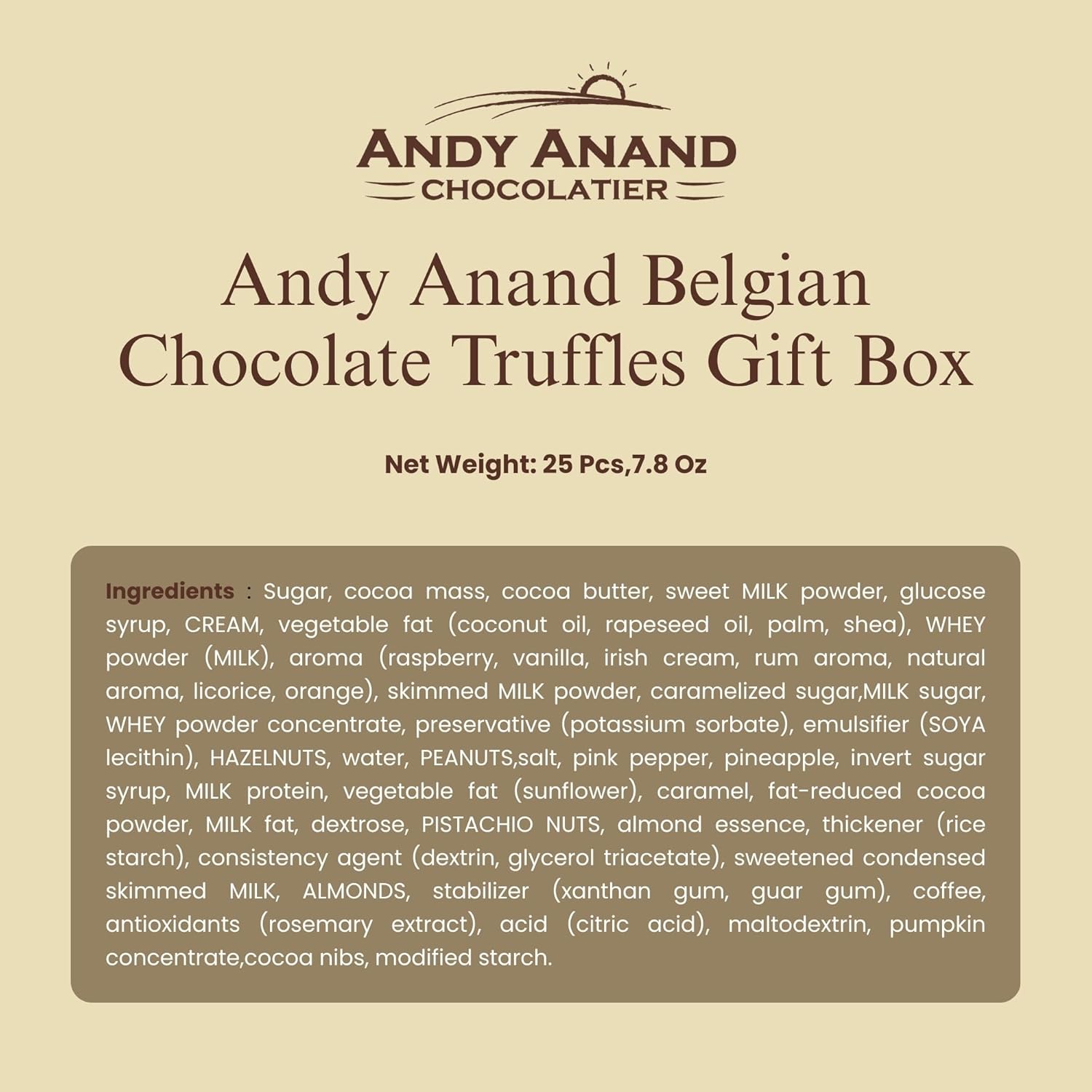 Andy Anand Belgian Chocolate Truffles Gift Box – Gourmet Bonbon Ganache Assortment (25 Pcs, 7.8 oz) Made with 60% Chocolate (Cocoa Butter)