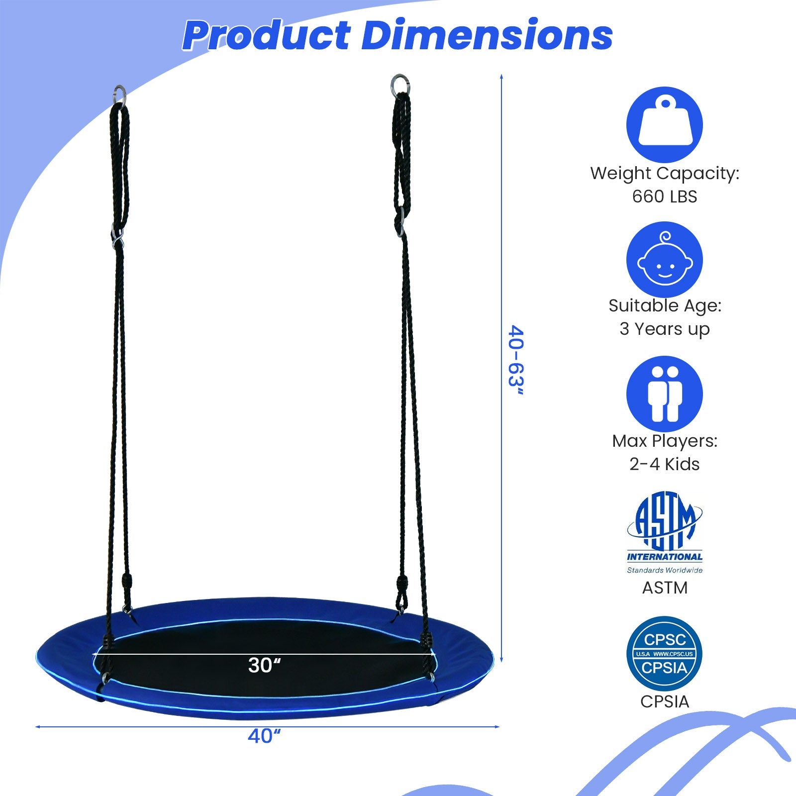 40 Inches Saucer Tree Swing Round with Lights for Kids and Adults-Navy