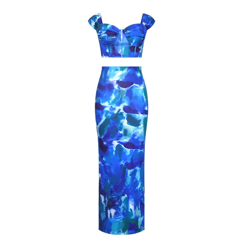 Printed Cropped Camisole With Straps Figure-hugging Sheath Maxi Skirt