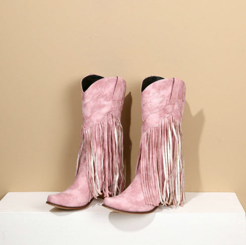 Womens Retro Mid-Calf Chunky Heel Round-Toe Boots