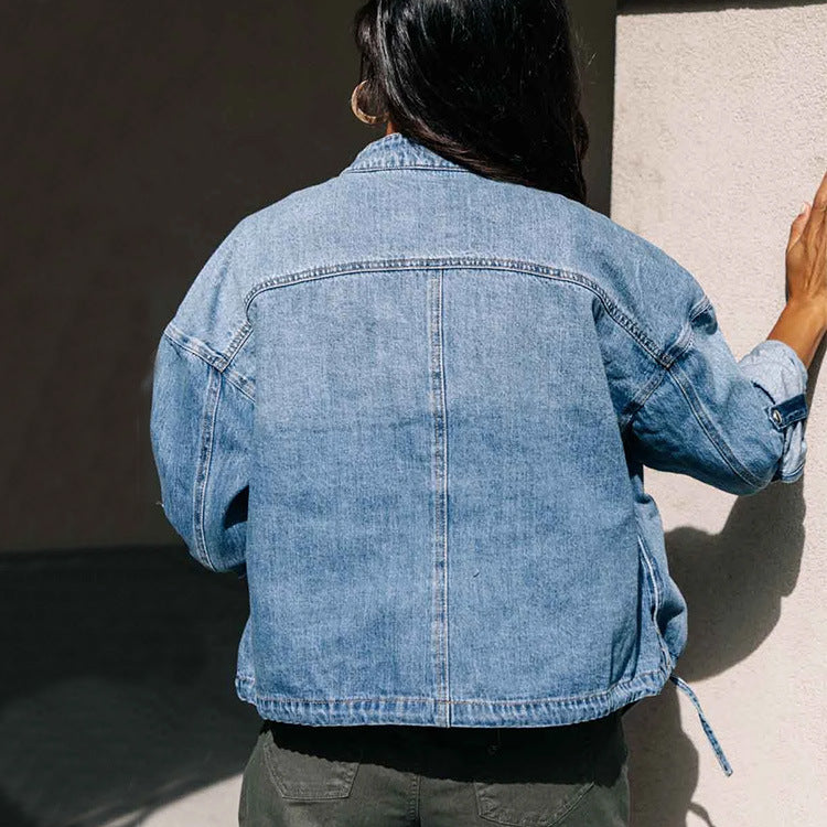 Ladies Denim Jacket Drawstring Loose Ladies Denim Jacket