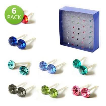 6-Pairs: Crystal Stud Earrings on Acrylic Hypoallergenic Posts - Earrings image