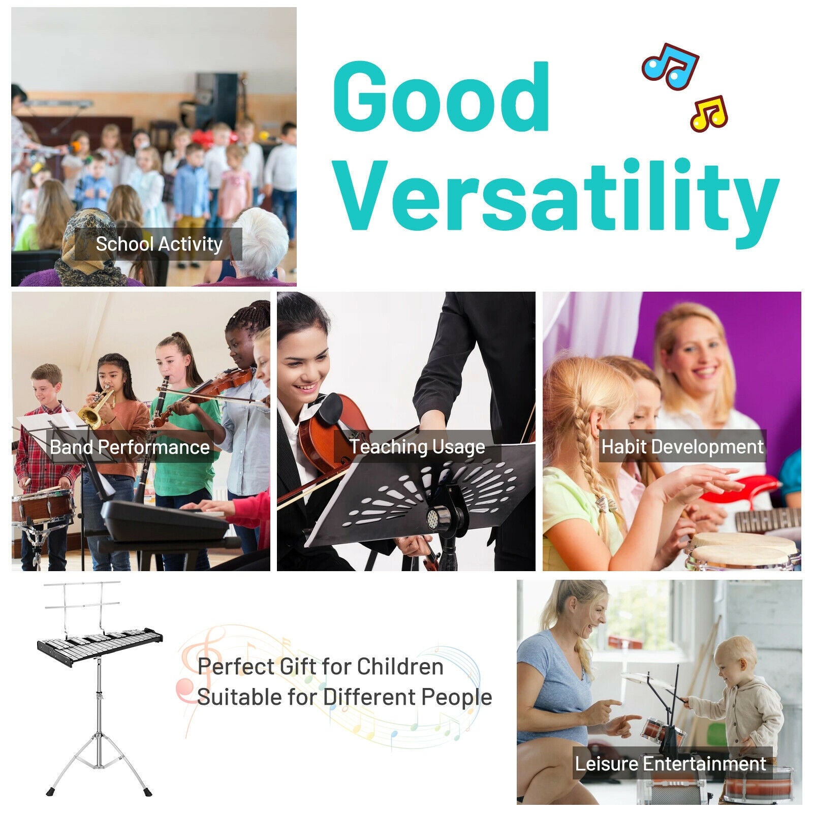 32 Note Glockenspiel Xylophone Percussion Bell Kit with Adjustable Stand