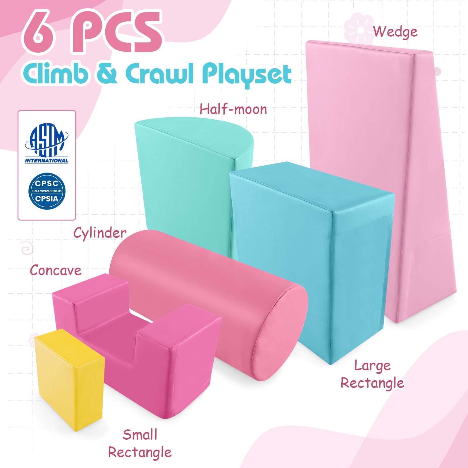 6 Pieces Foam Climbing Blocks Indoor Climb and Crawl Activity Playset with Rectangles-Pink