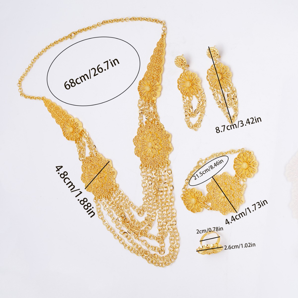 24K Gold Flower Necklace Earring Ring Bracelet Set