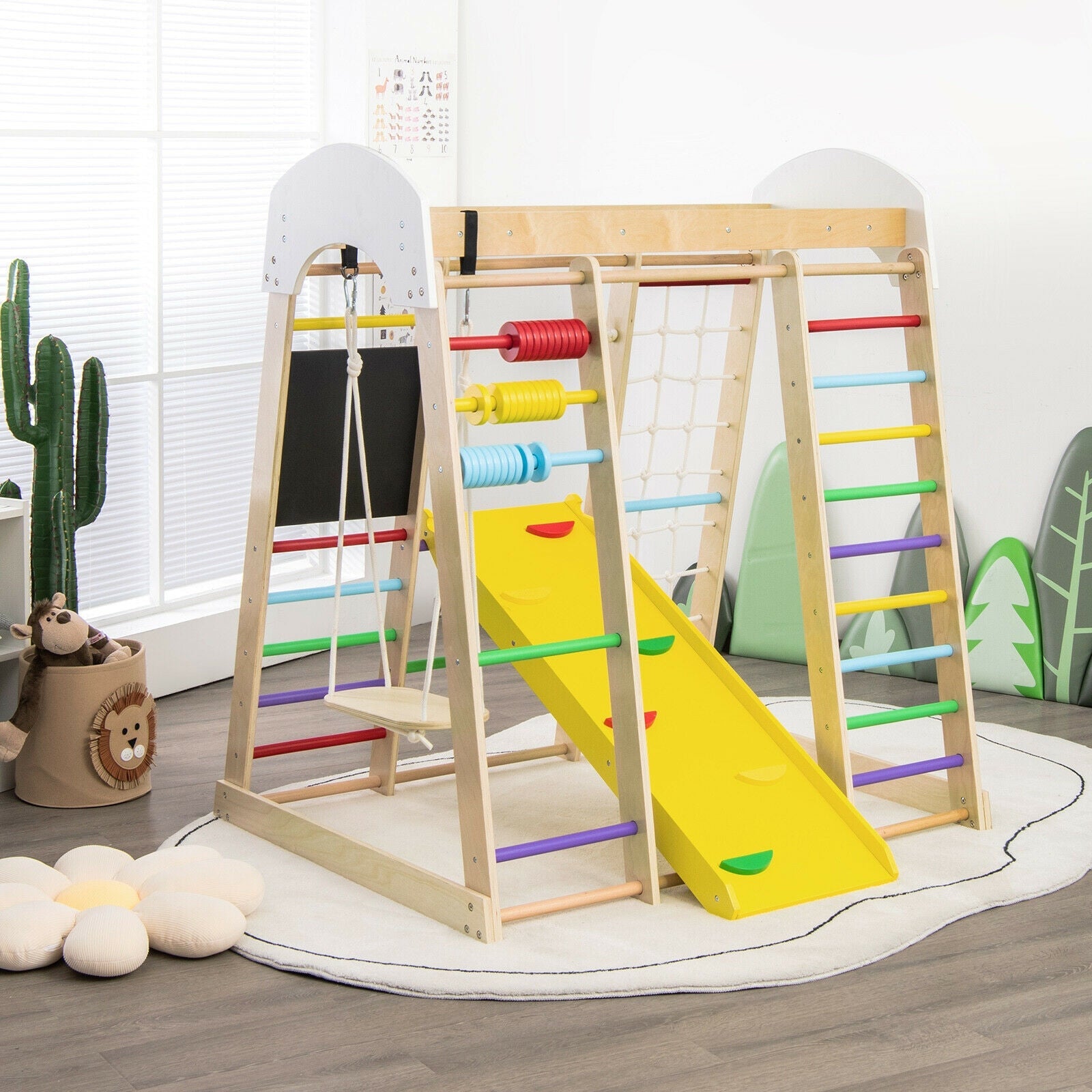 Indoor Playground Climbing Gym Wooden 8-in-1 Climber Playset for Children-Multicolor