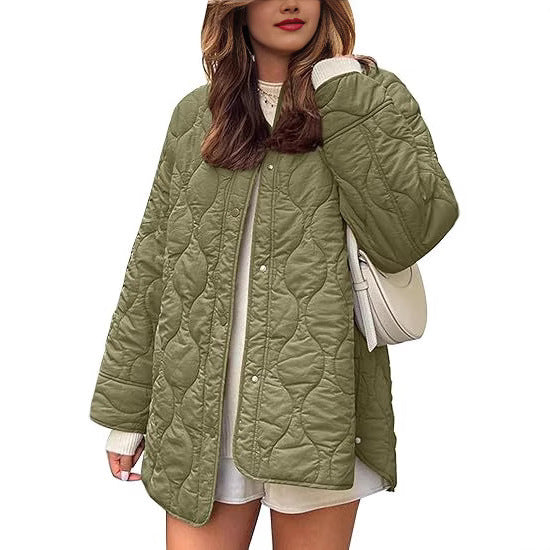 European And American Style Chic String Decoration Simple Solid Color Round Neck Loose Cotton Coat