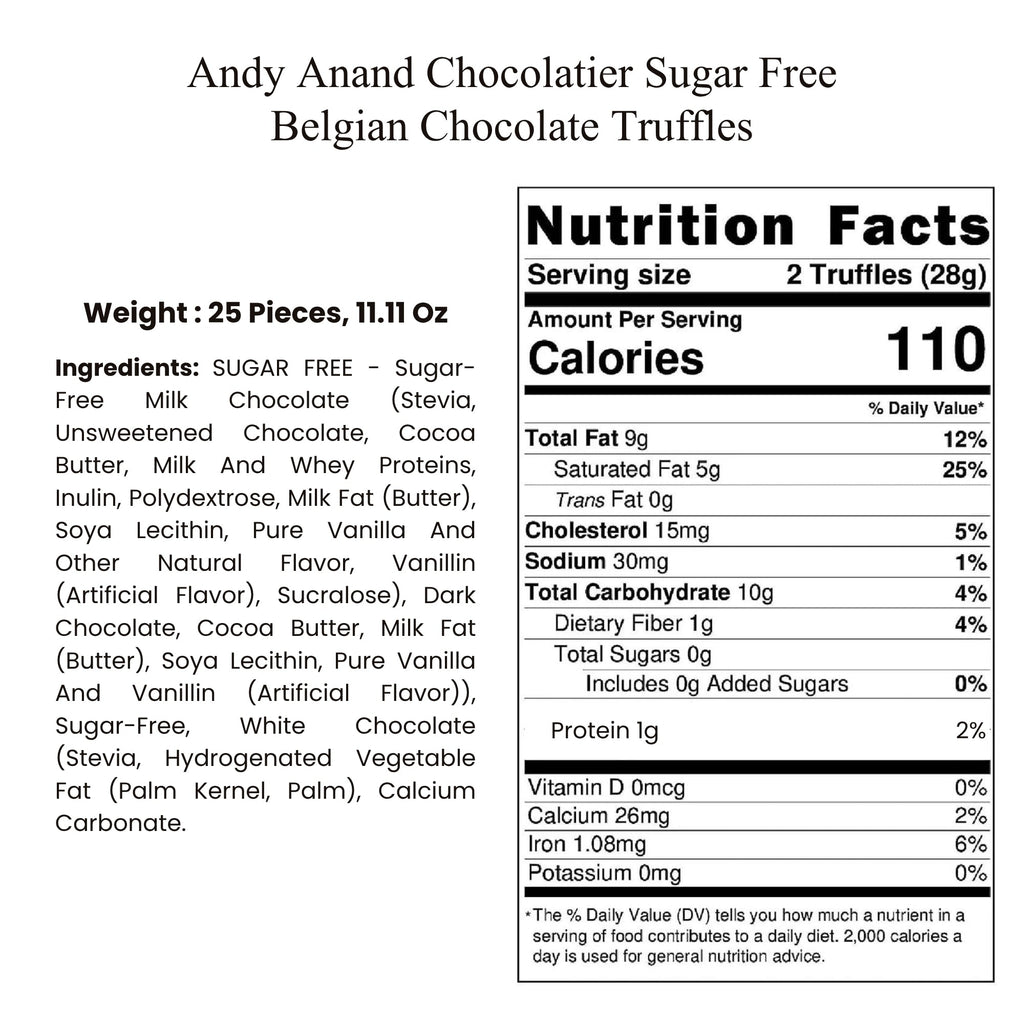 ANDY ANAND CHOCOLATIER Sugar Free Belgian Chocolate Truffles - Delicious Handmade Chocolate Assortments Gift Box, Sweetened With Natural Stevia, Perfect as Chocolate Gifts For Women (25 Pieces, 11.11 Oz)