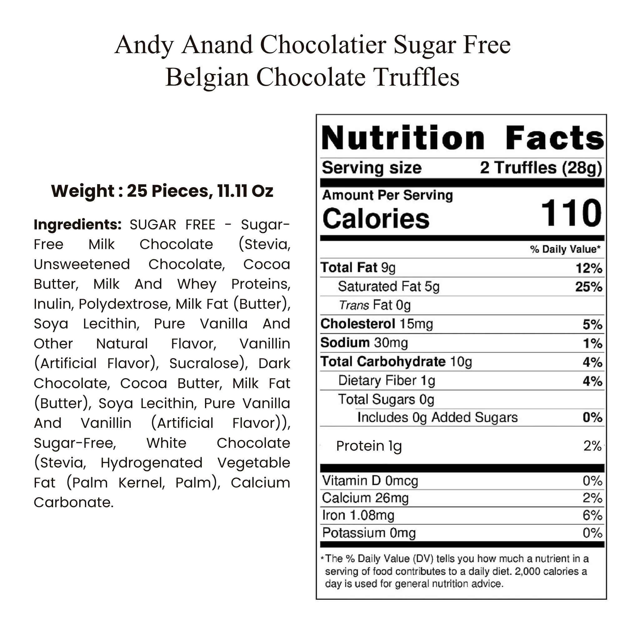 ANDY ANAND CHOCOLATIER Sugar Free Belgian Chocolate Truffles - Delicious Handmade Chocolate Assortments Gift Box, Sweetened With Natural Stevia, Perfect as Chocolate Gifts For Women (25 Pieces, 11.11 Oz)