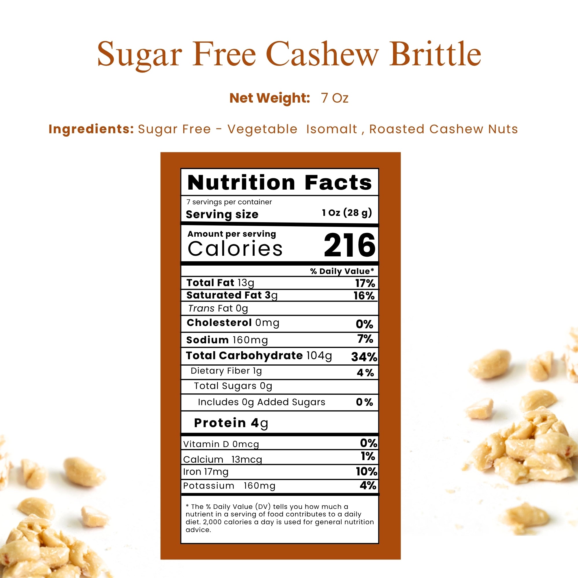 Andy Anand Sugar Free Cashew Brittle - 7 Oz Decadent Treats to Satisfy Your Cravings, Healthy Cashew Brittle Without Added Sugar