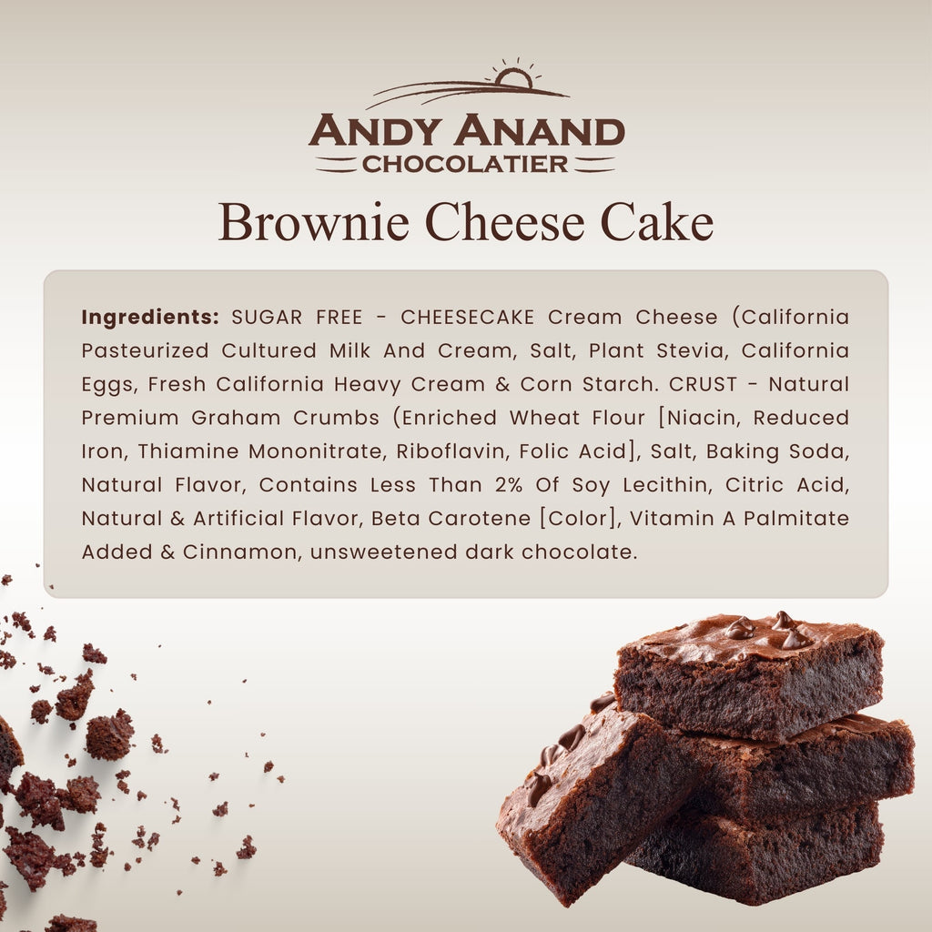 ANDY ANAND CHOCOLATIER Gourmet Fudge Brownie Cheese Cake 9" 2.8 lbs. Real California Cream Cheese, Artisan, Halal, Reusable Tray
