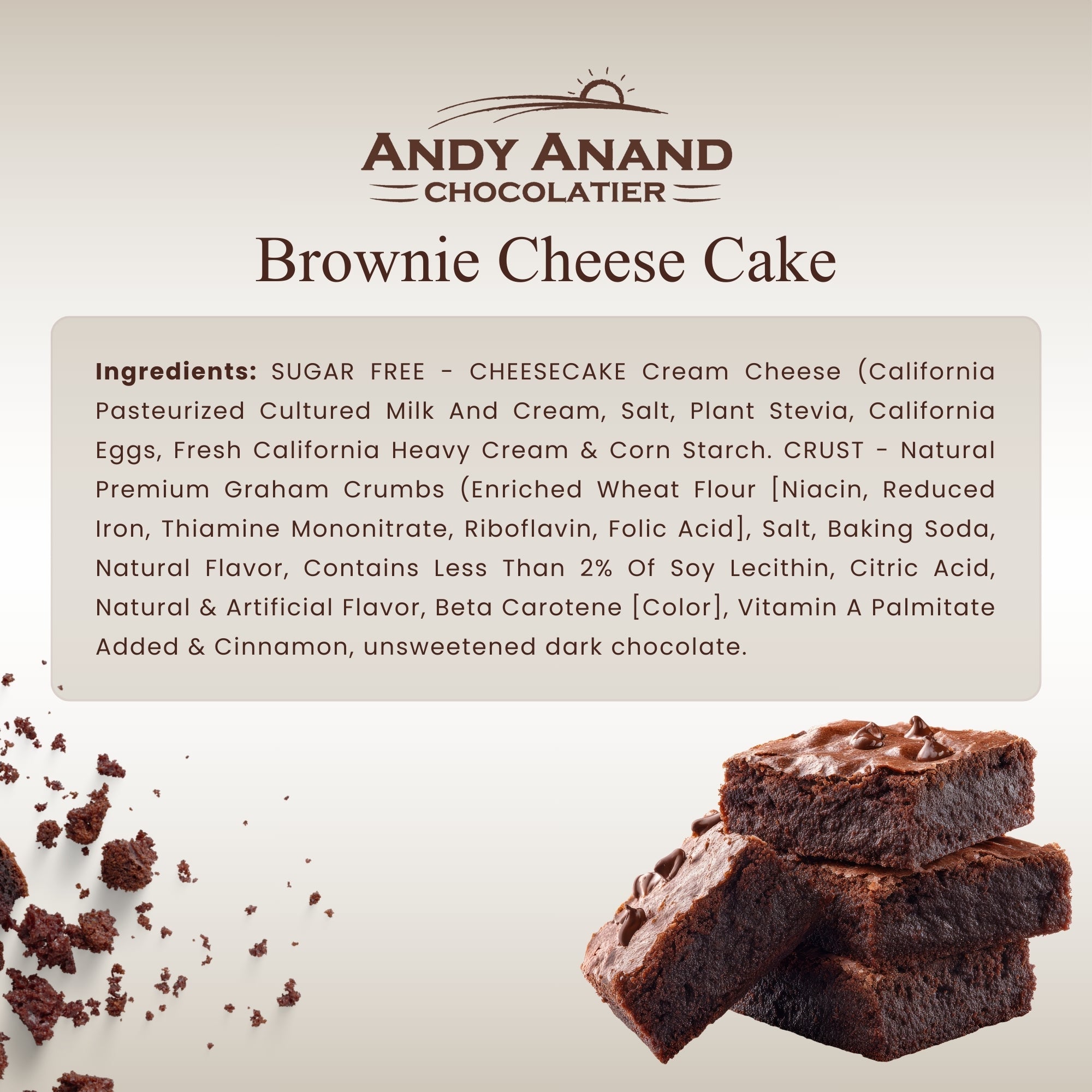 ANDY ANAND CHOCOLATIER Gourmet Fudge Brownie Cheese Cake 9" 2.8 lbs. Real California Cream Cheese, Artisan, Halal, Reusable Tray