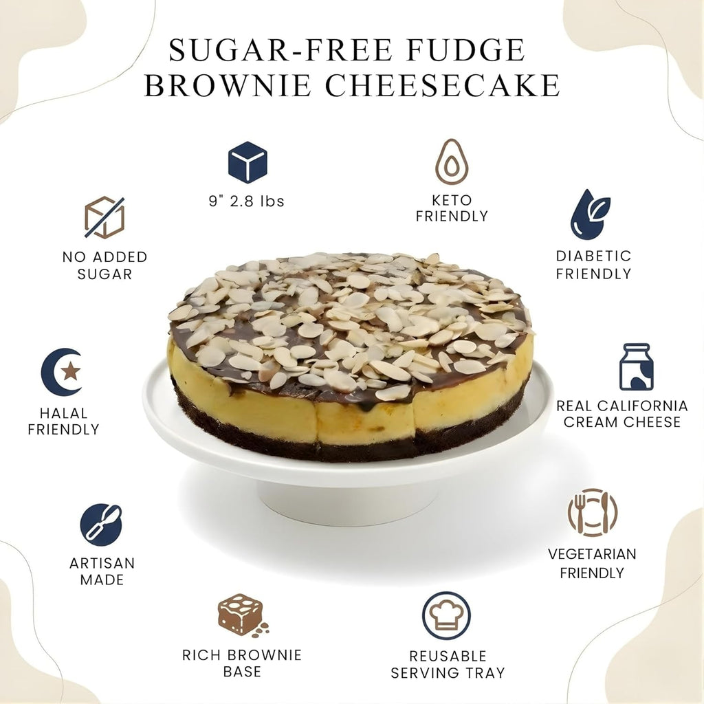 ANDY ANAND CHOCOLATIER Gourmet Fudge Brownie Cheese Cake 9" 2.8 lbs. Real California Cream Cheese, Artisan, Halal, Reusable Tray