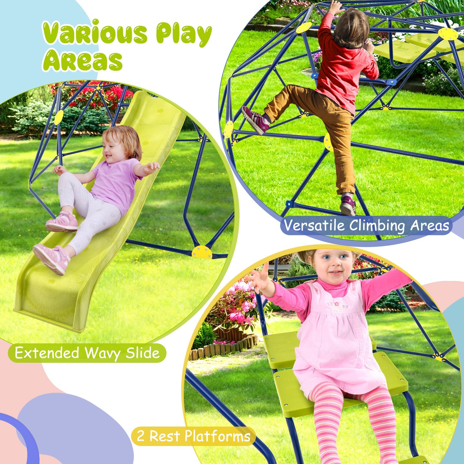 13.3 FT Climbing Dome Geometric Dome Climber with Extended Wavy Slide and 2 Rest Platforms-Multicolor