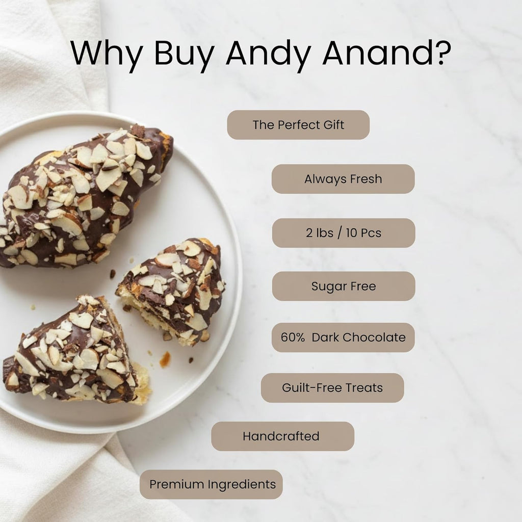 Andy Anand Sugar Free Dark Chocolate Almond Croissants Cake, 10 Pcs Handcrafted Guilt-Free Treats 2 lbs