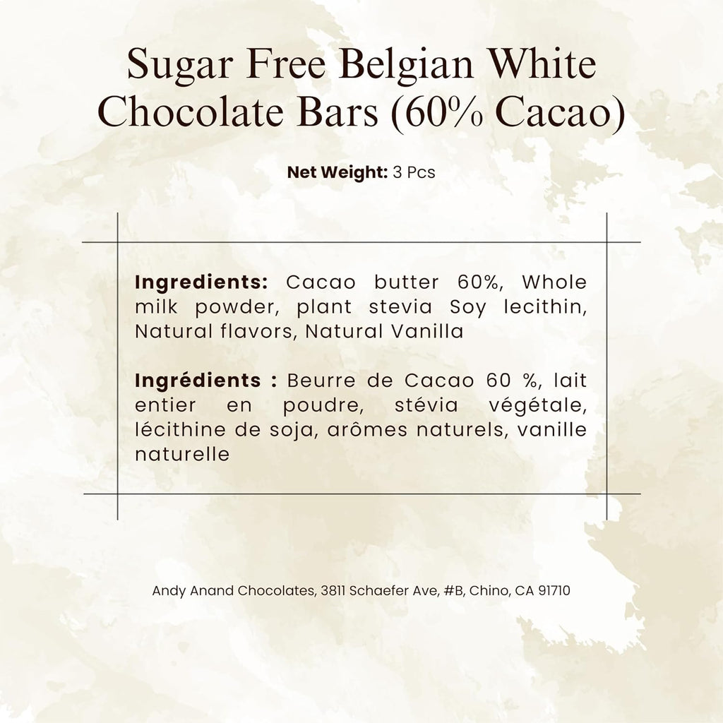 Andy Anand Sugar Free Belgian Dark Chocolate Bars 60% Cacao – Stevia Sweetened, Gourmet Gift Box, Rich & Silky, 3 Pcs
