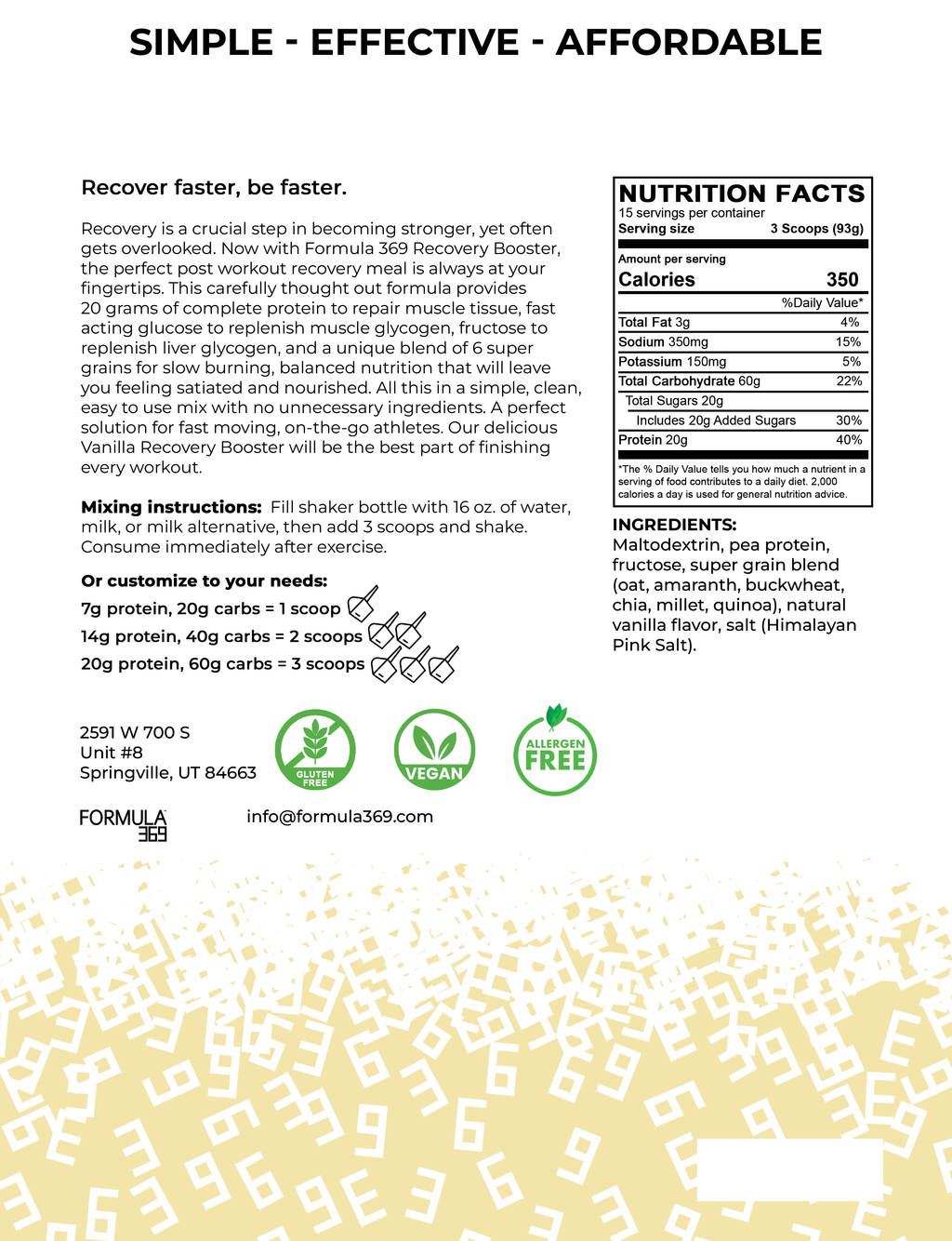 Formula 369 Recovery Booster - Vegan 3:1 carb to protein drink mix - Powder drink mix image