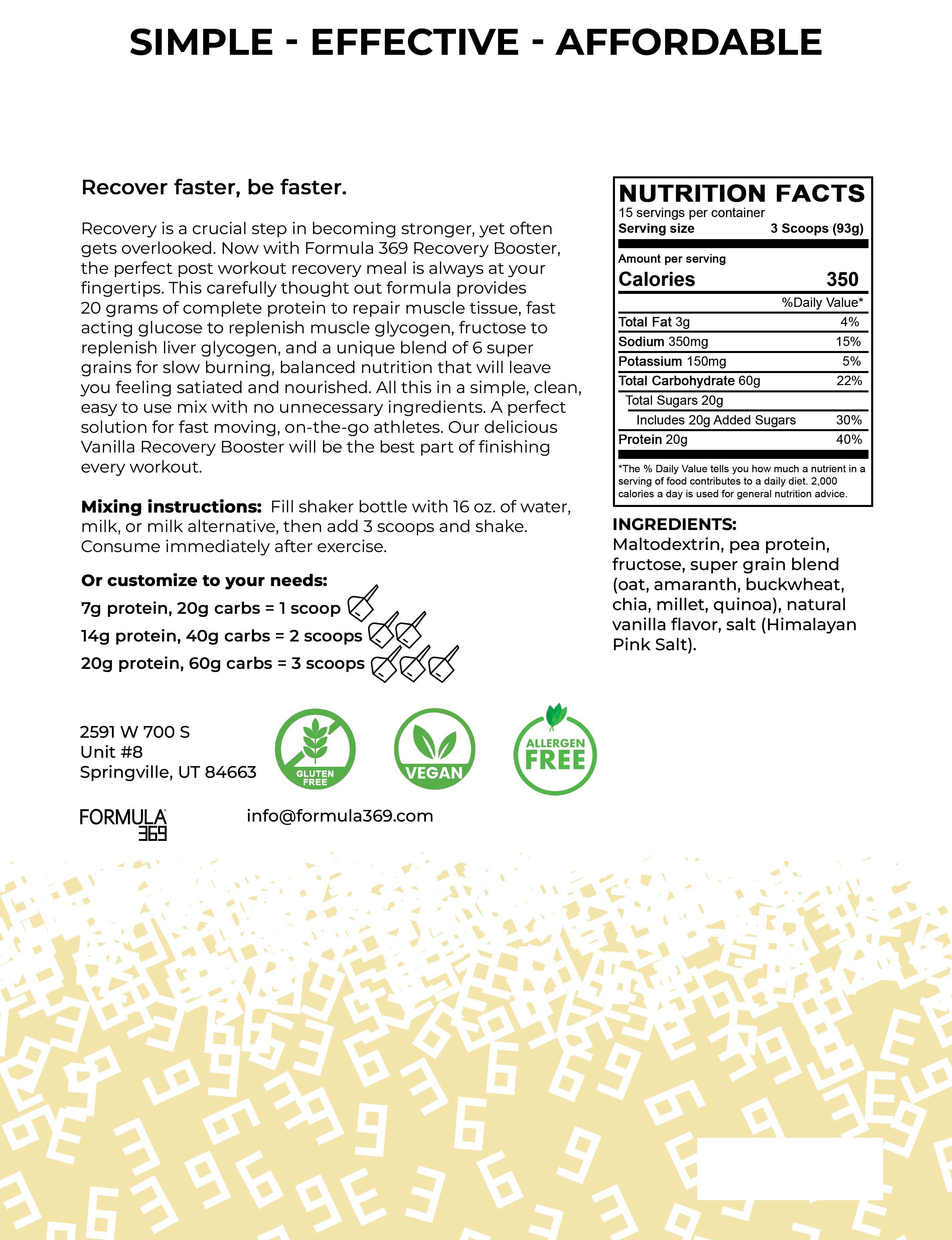 Formula 369 Recovery Booster - Vegan 3:1 carb to protein drink mix - Powder drink mix image
