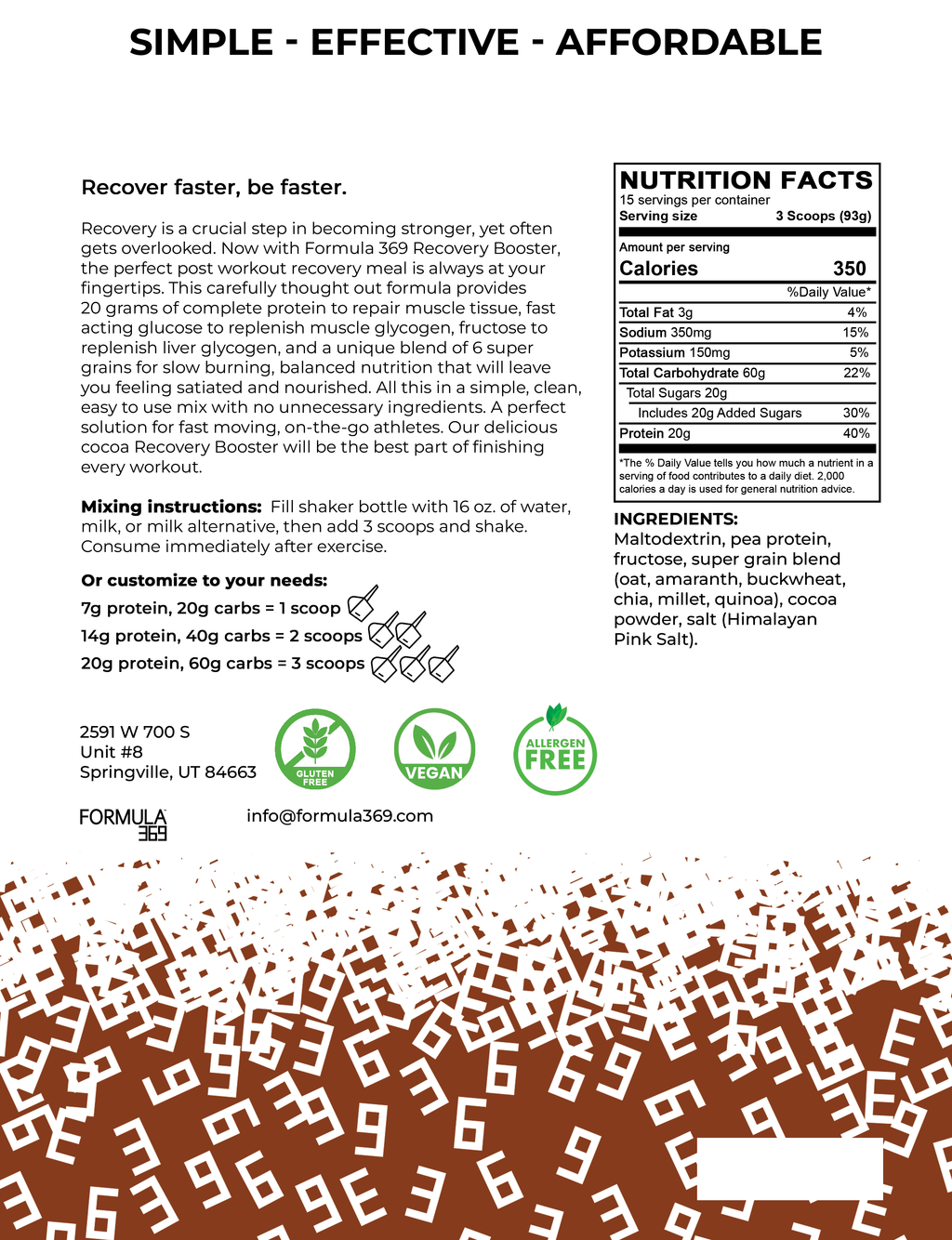 Formula 369 Recovery Booster - Vegan 3:1 carb to protein drink mix - Powder drink mix image