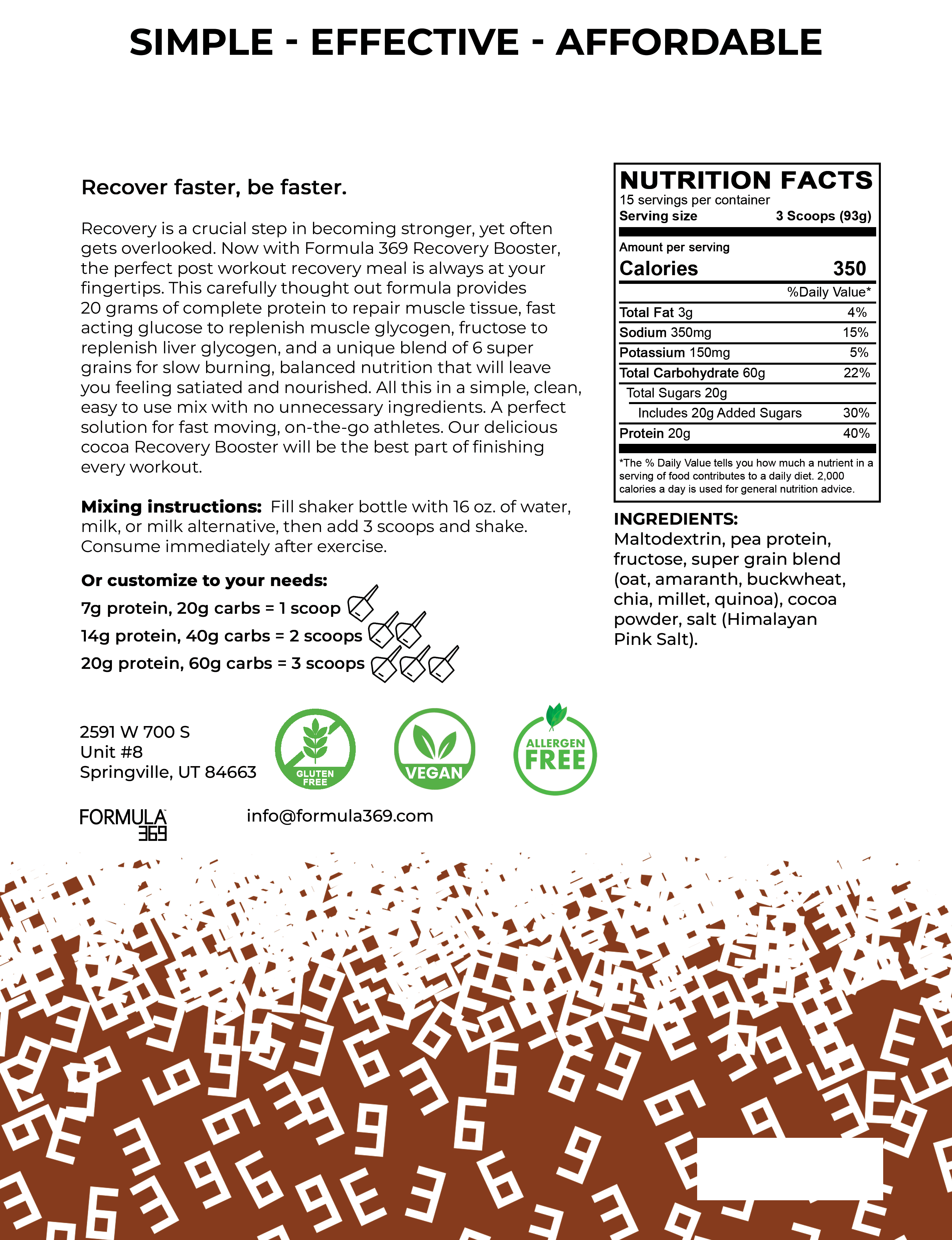 Formula 369 Recovery Booster - Vegan 3:1 carb to protein drink mix - Powder drink mix image