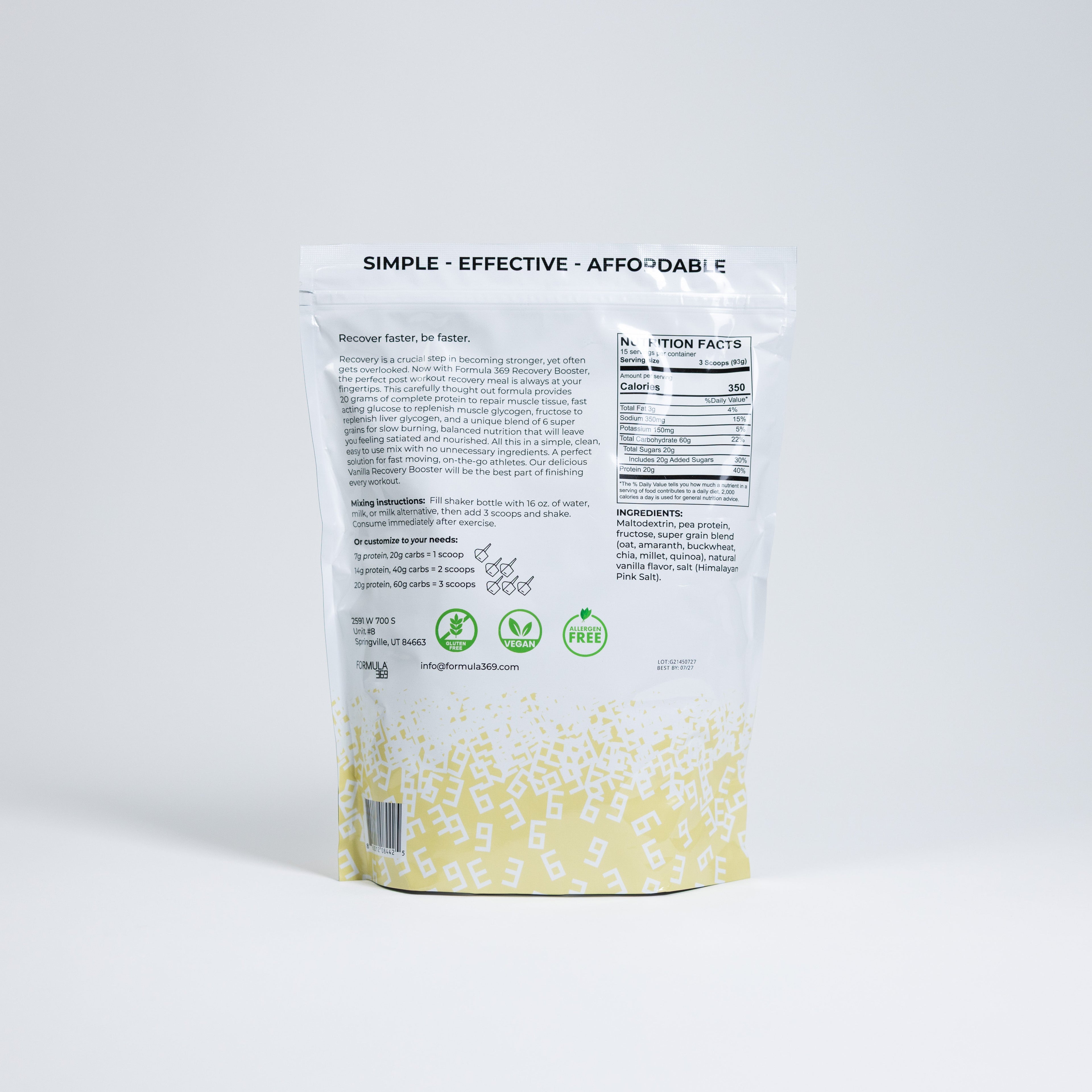 Formula 369 Recovery Booster - Vegan 3:1 carb to protein drink mix - Powder drink mix image