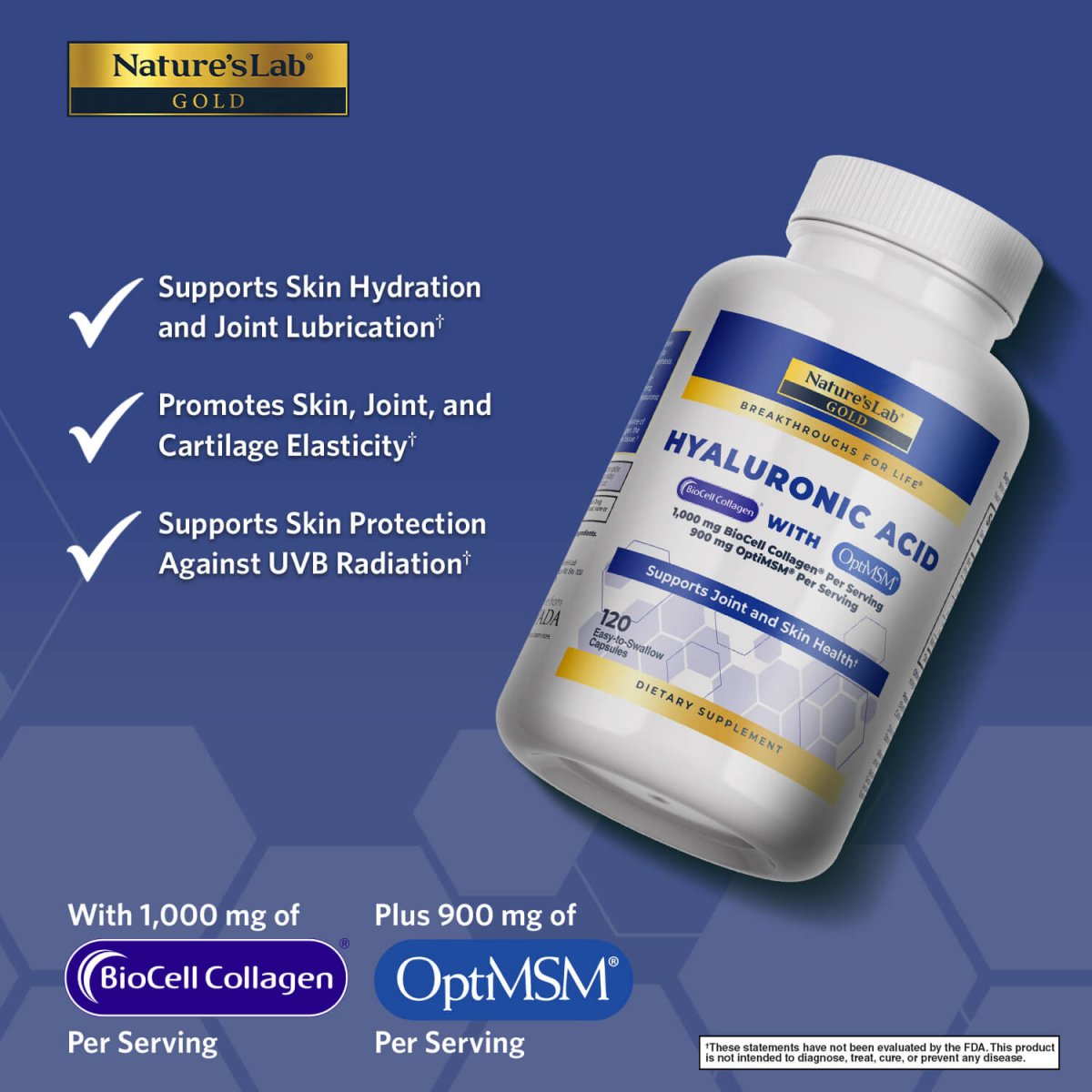 Nature's Lab Hyaluronic Acid with BioCell Collagen® & OptiMSM® - 120 Capsules - Vitamins & Supplements image