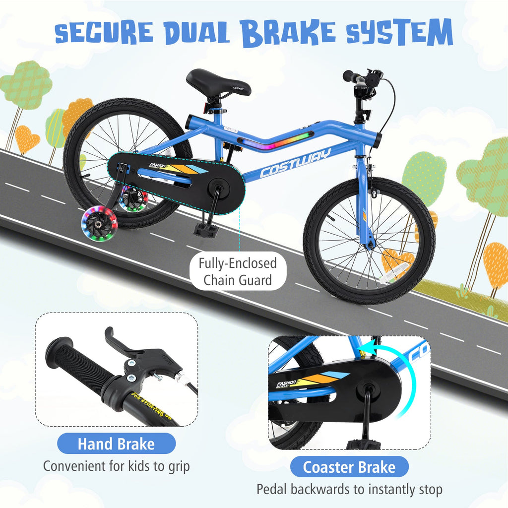 18 Inch Kids Bike LED Lighted Adjustable with Training Wheels for 4-8 Years Old Kids-18 inches