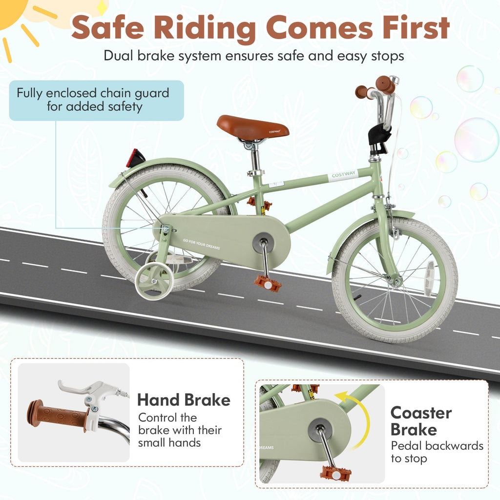 Kids Bike with Adjustable Handlebar and Saddle Green-16 Inches