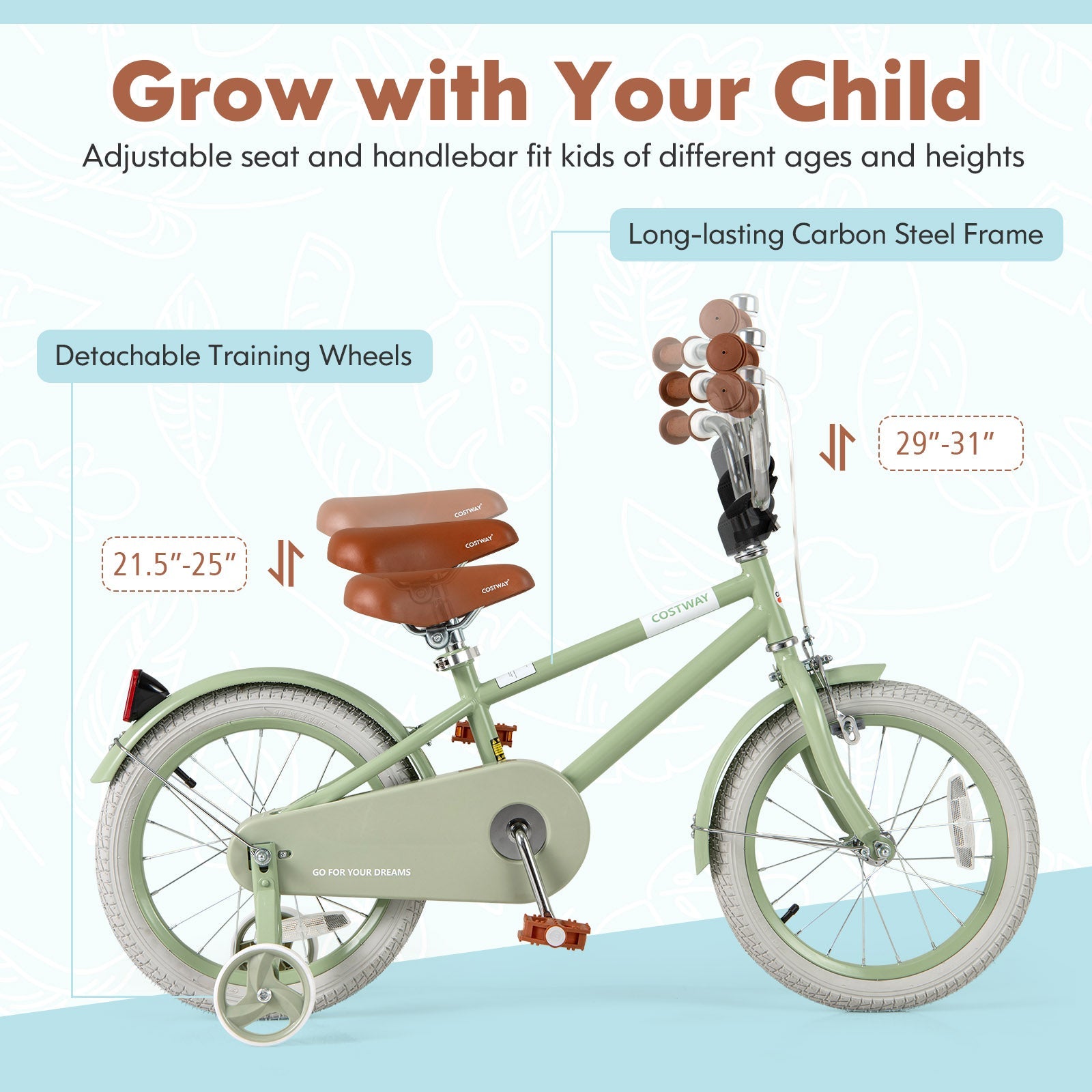 Kids Bike with Adjustable Handlebar and Saddle Green-16 Inches