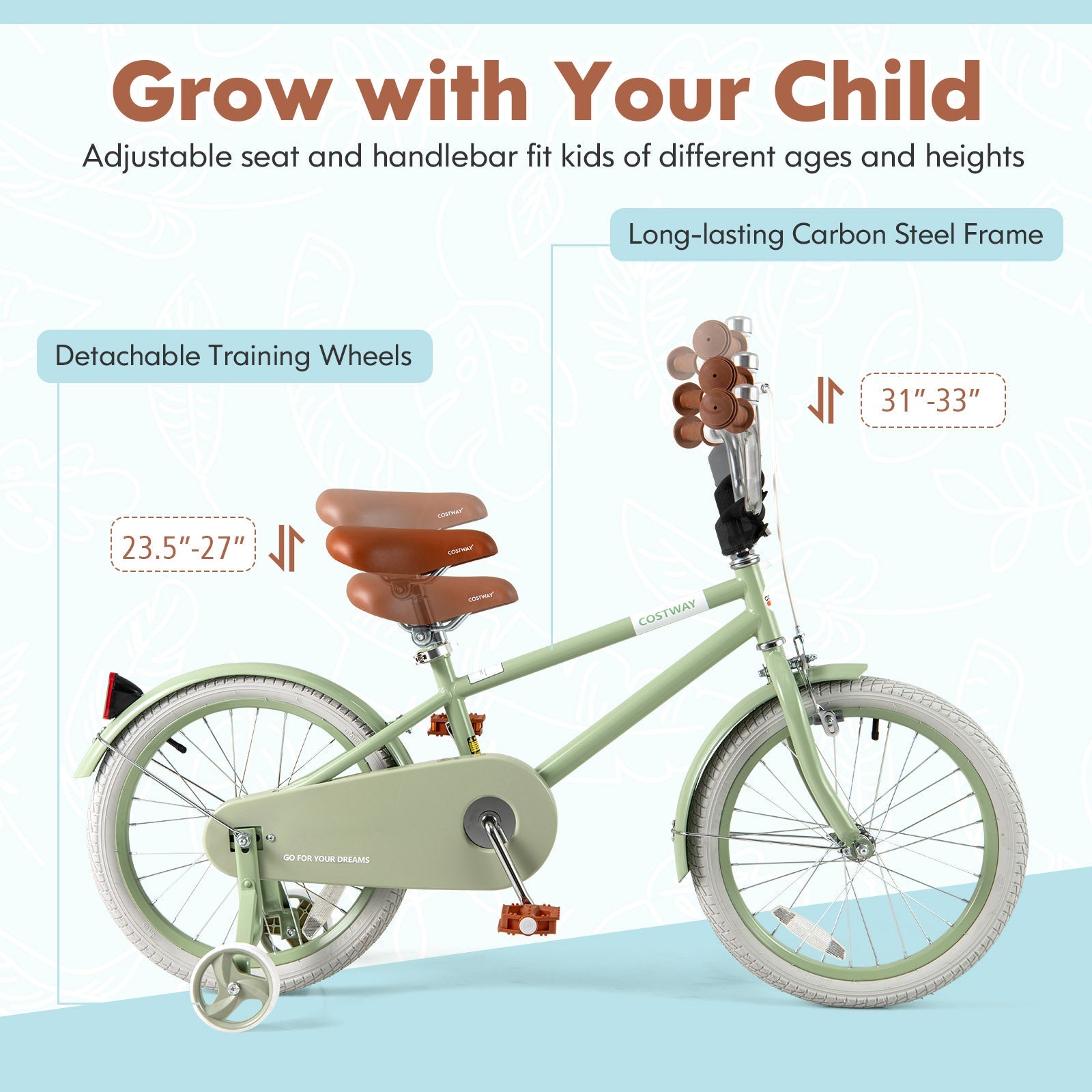 Kids Bike with Adjustable Handlebar and Saddle Green-18 Inches