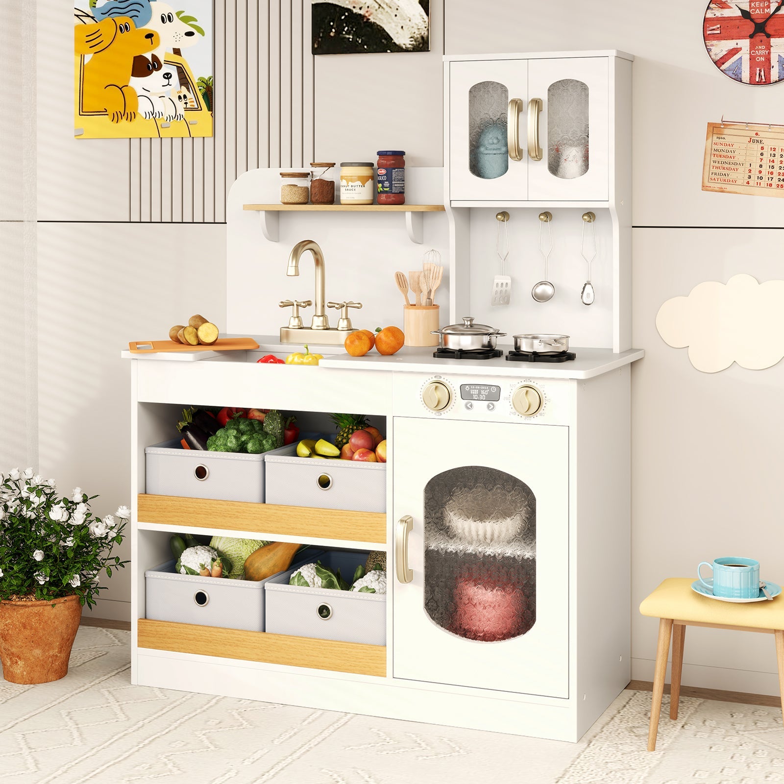 Kids Kitchen Playset with Cooking Accessories and Toy Cuttable Veggies-White