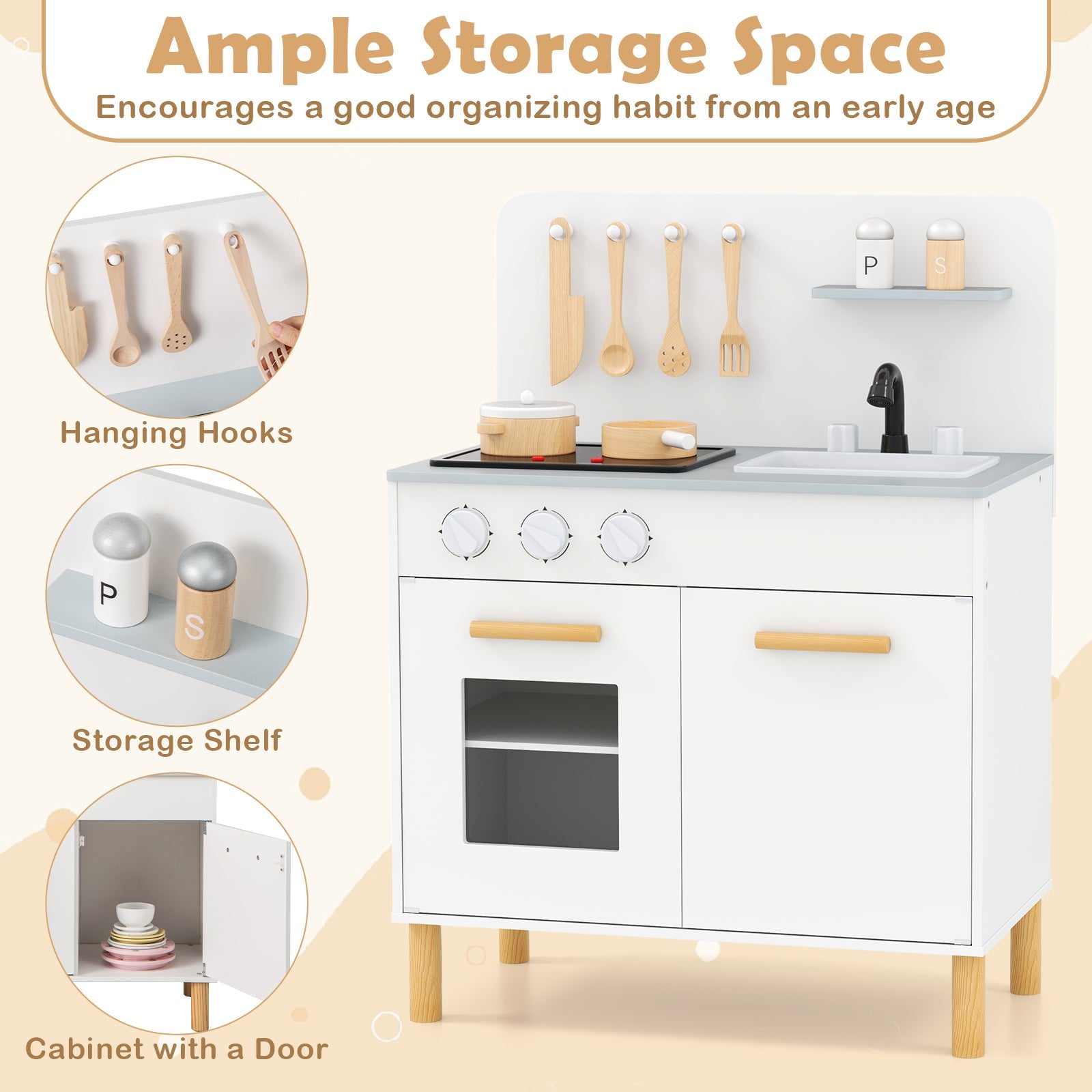 Kids Kitchen Playset with Cooking Accessories and Storage-White