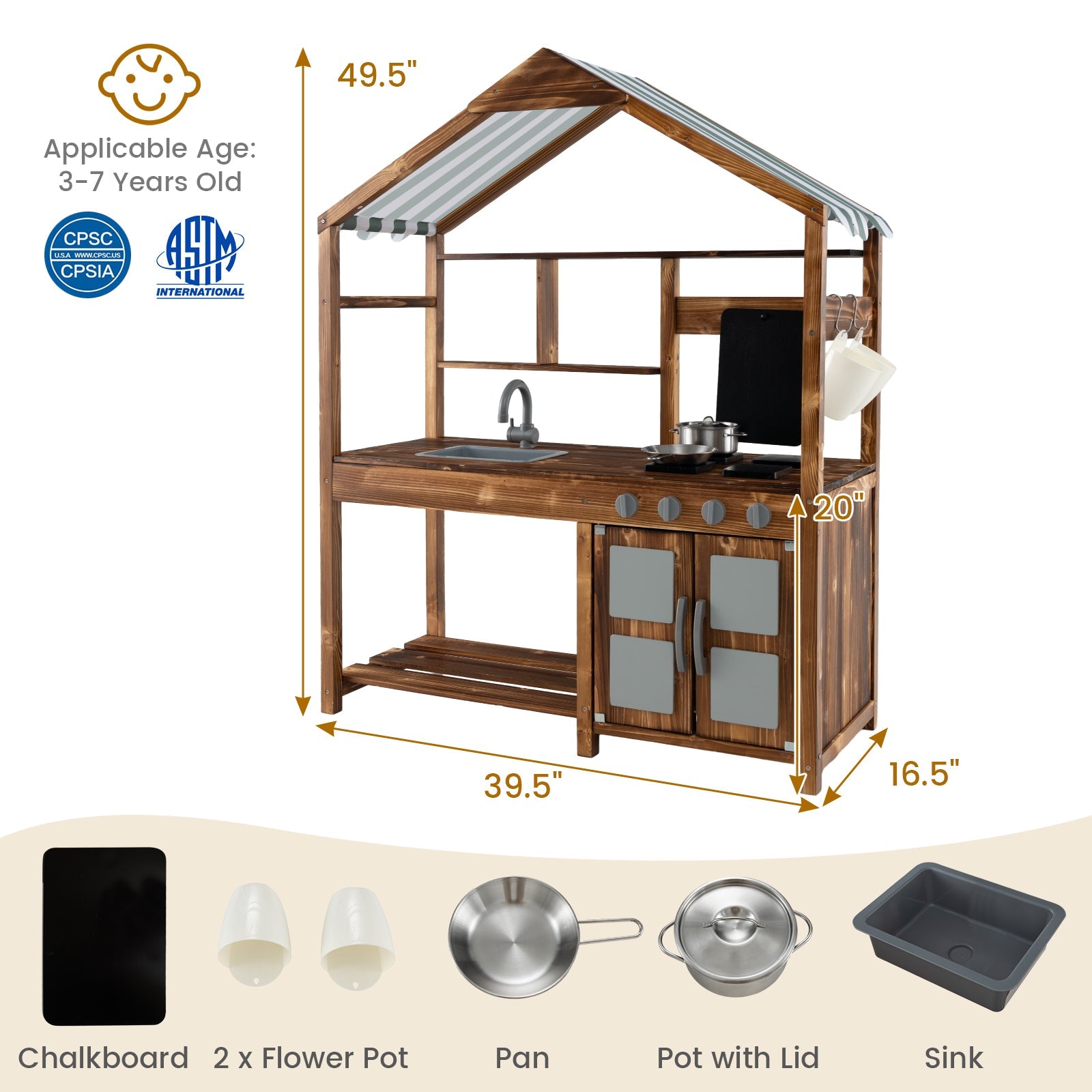 Kid's Mud Kitchen Outdoor Solid Wood Mud Kitchen with Canopy-Natural