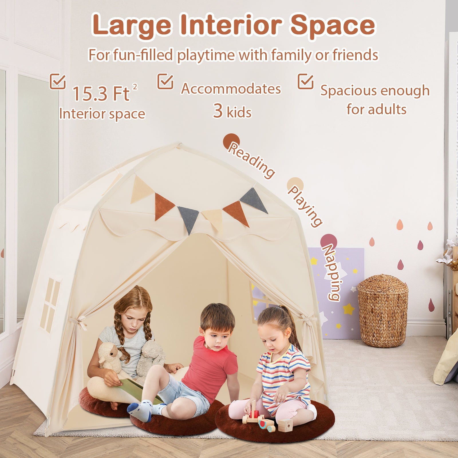 Kids Play Tent Bed Tent with String Lights Extra Large Playhouse Tent-Beige