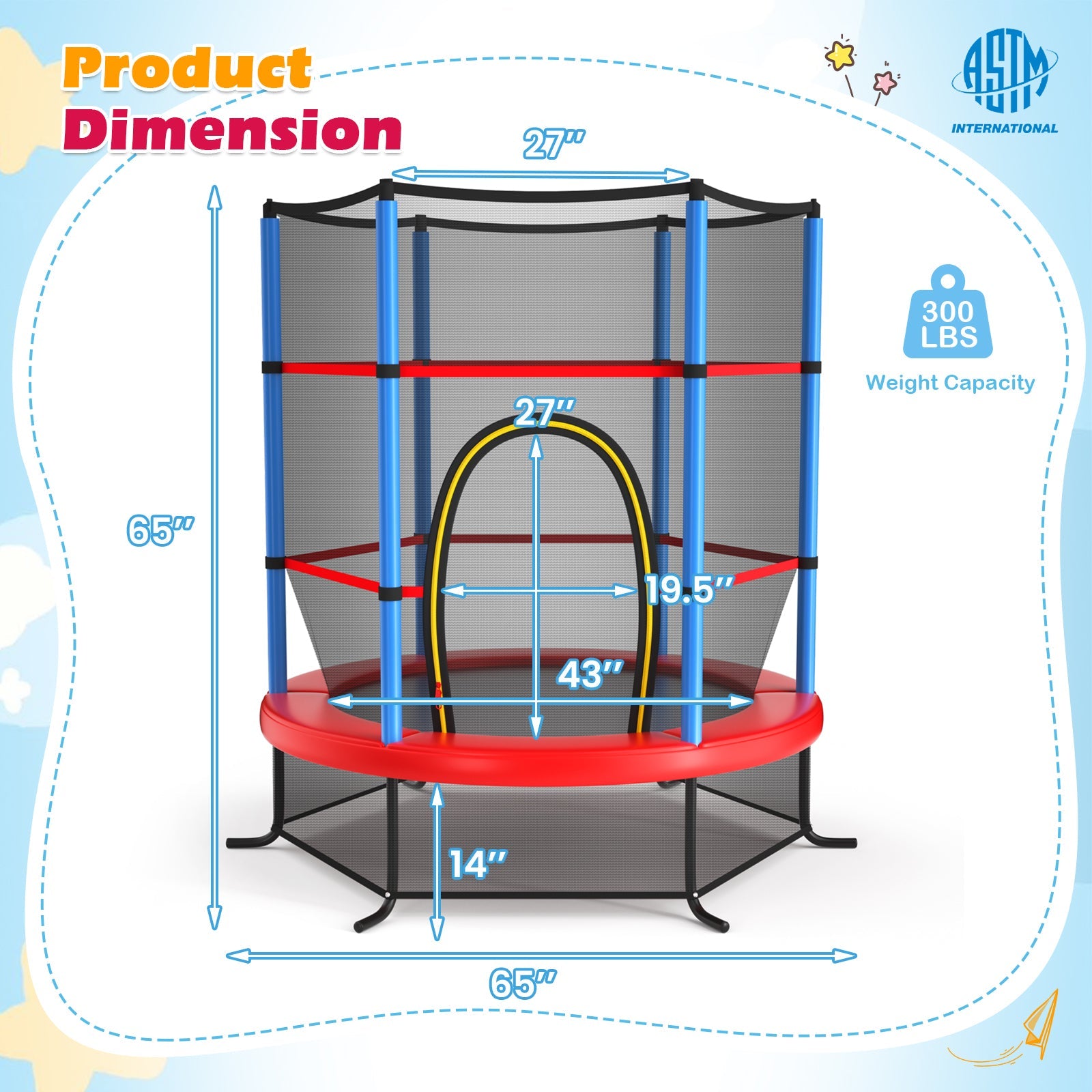 55 Inch Kids Recreational Trampoline Bouncing Jumping Mat with Enclosure Net-Navy