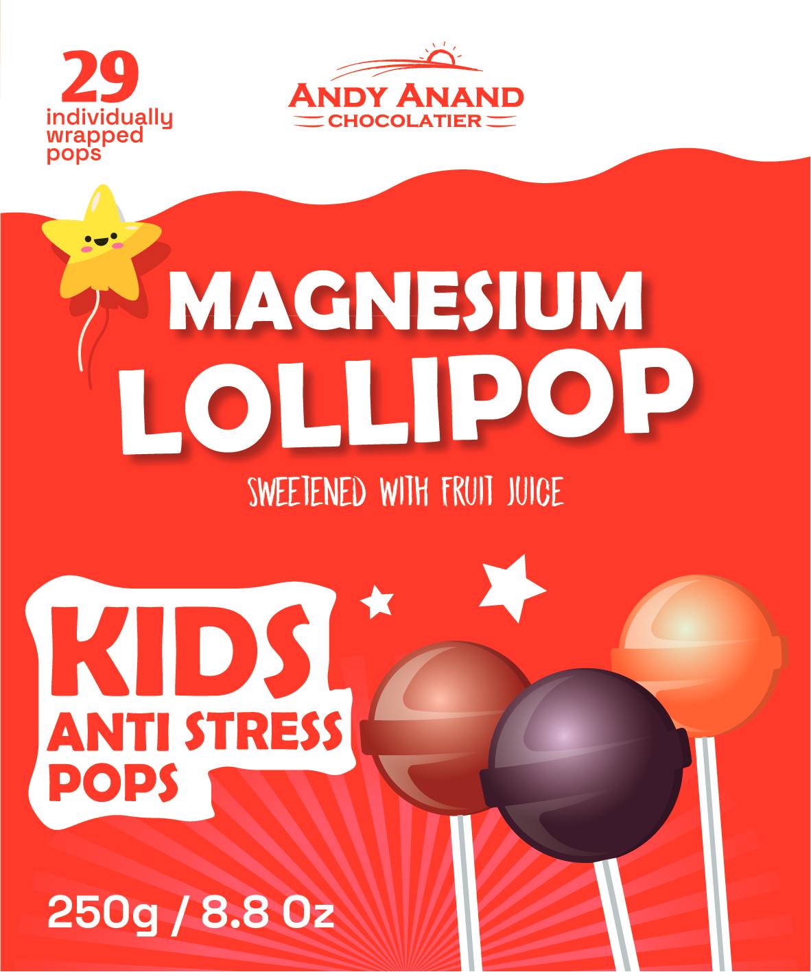 Andy Anand Magnesium Low Calorie Lollipops & Calming Magnesium Sweet & Calm Combo in fruit flavors Kids Magnesium Pops, 8.8 o