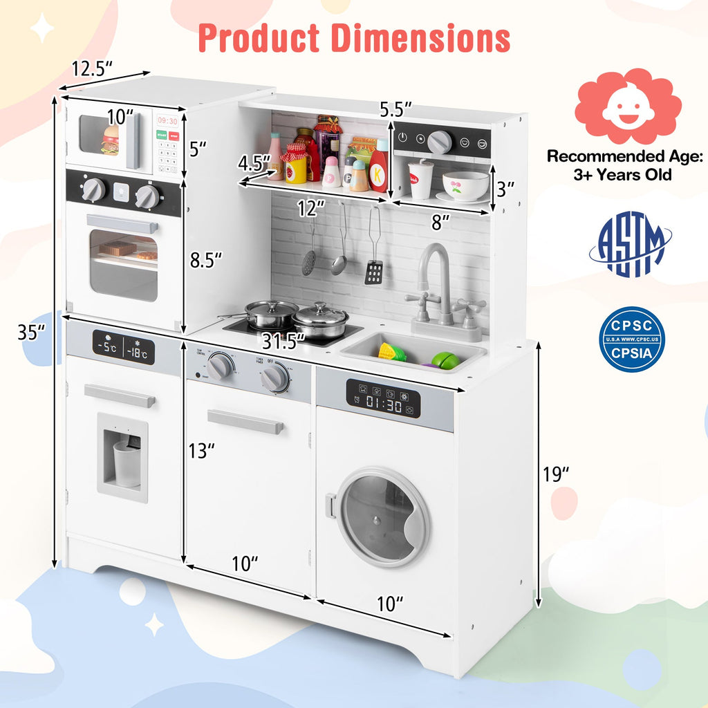 Pretend Play Kitchen Wooden Toy Set Kitchen Accessory Playset with Real Lights Sounds-White