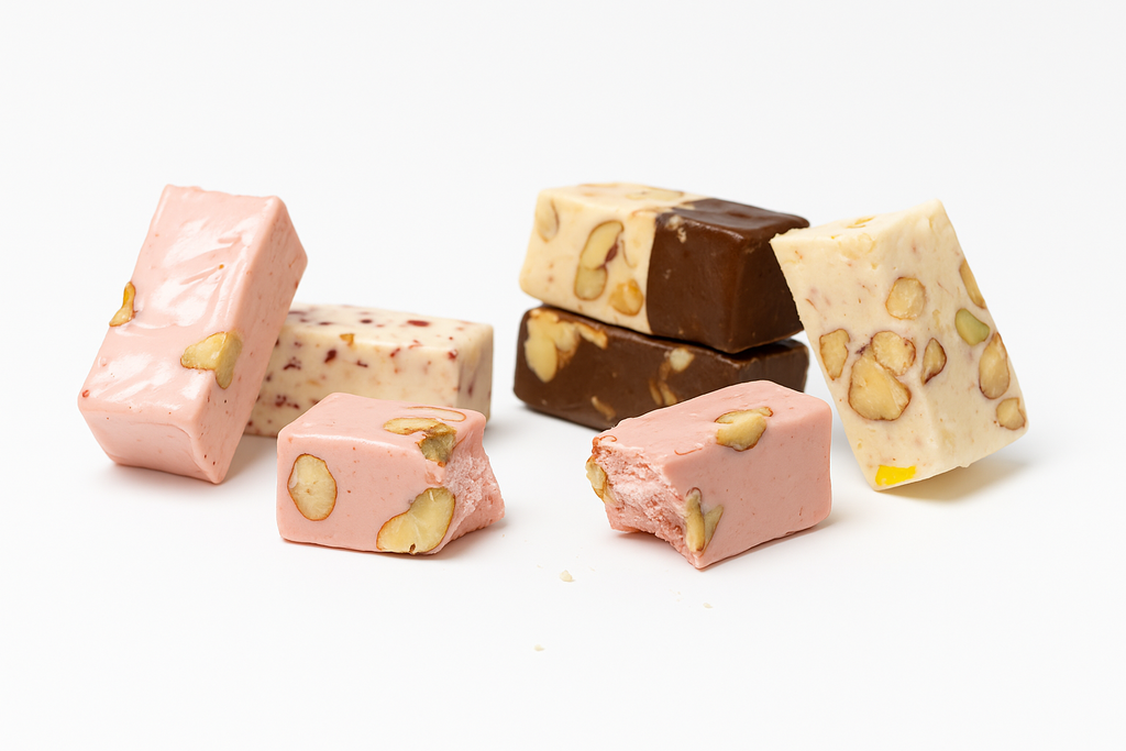 Andy Anand 28 bite-sized Roasted Almond Nougat Soft Nougat Brittle, Traditional European Turron Recipe Style, Nougat with Almonds - 7 Oz
