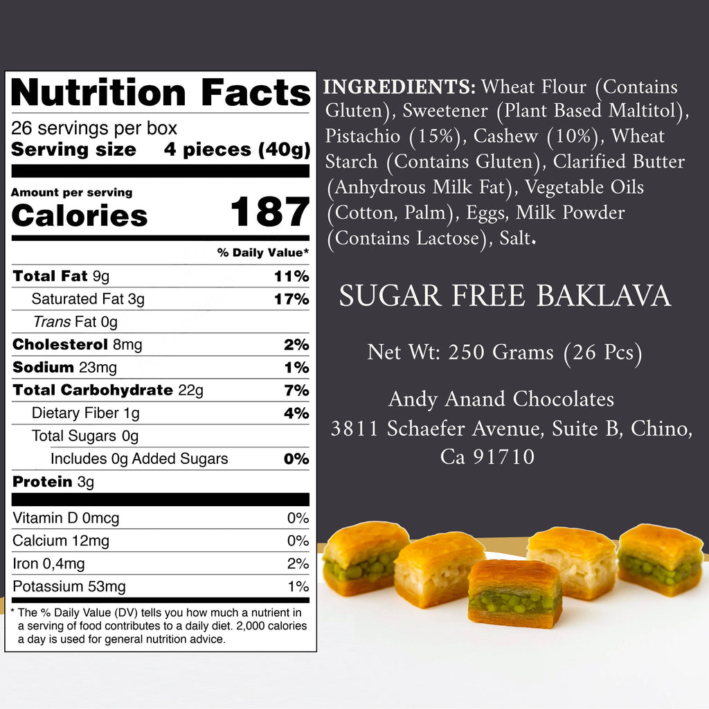 Andy Anand Chocolatier Sugar Free Baklava - Turkish Baklava Pastry With Nuts, Delicious Edible Gift Box with Pistachio, Walnut & Hazelnut, Gourmet Assorted Flavor Snack Box (26 Pcs, 8.8 Oz)