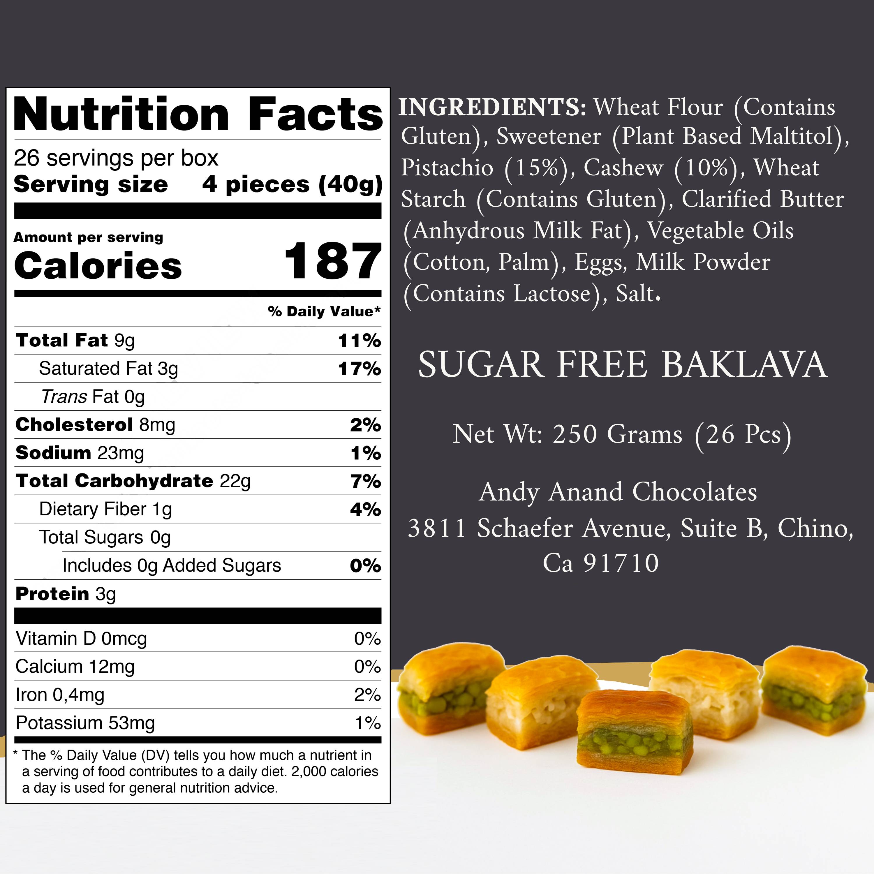 Andy Anand Chocolatier Sugar Free Baklava - Turkish Baklava Pastry With Nuts, Delicious Edible Gift Box with Pistachio, Walnut & Hazelnut, Gourmet Assorted Flavor Snack Box (26 Pcs, 8.8 Oz)