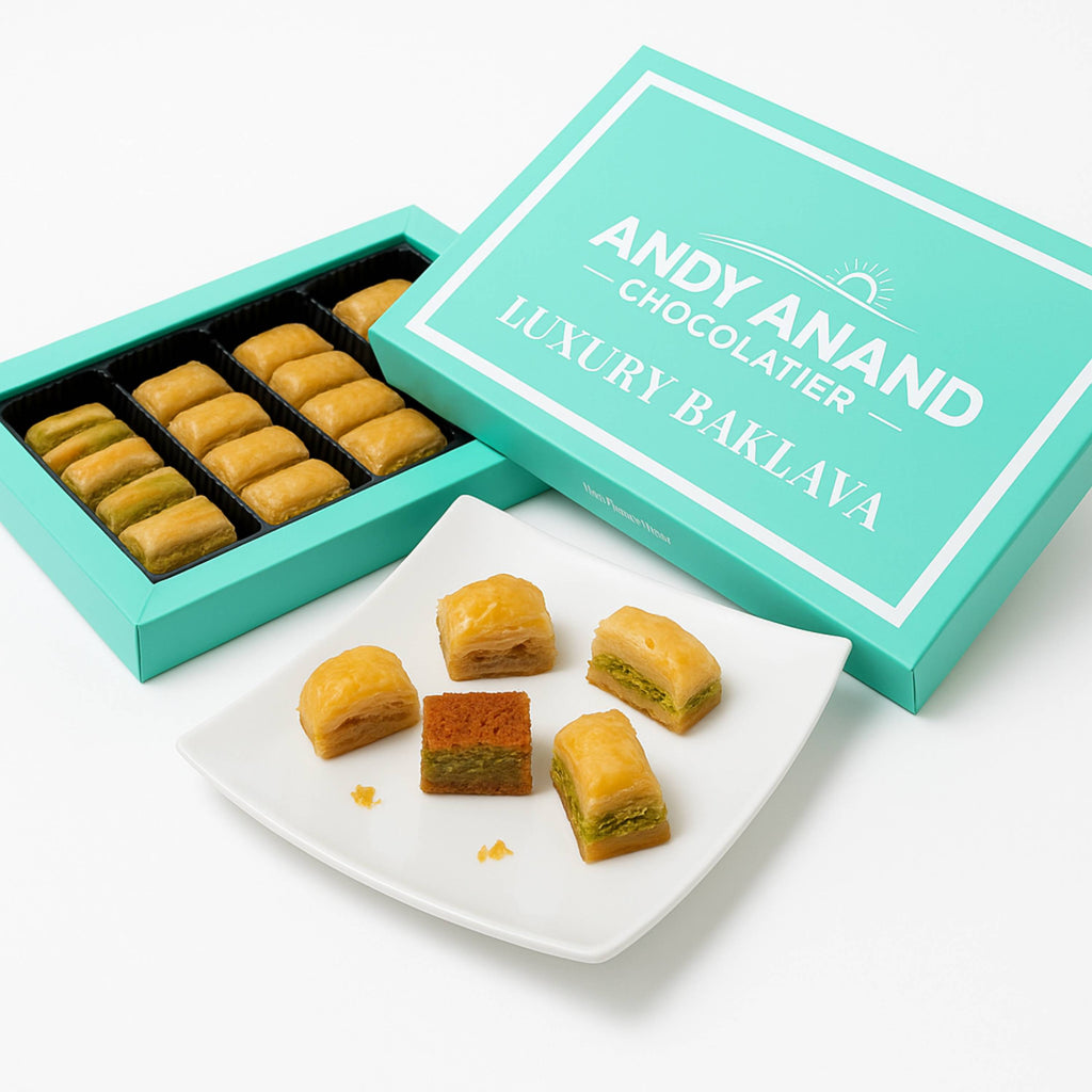 Andy Anand Chocolatier Sugar Free Baklava - Turkish Baklava Pastry With Nuts, Delicious Edible Gift Box with Pistachio, Walnut & Hazelnut, Gourmet Assorted Flavor Snack Box (26 Pcs, 8.8 Oz)