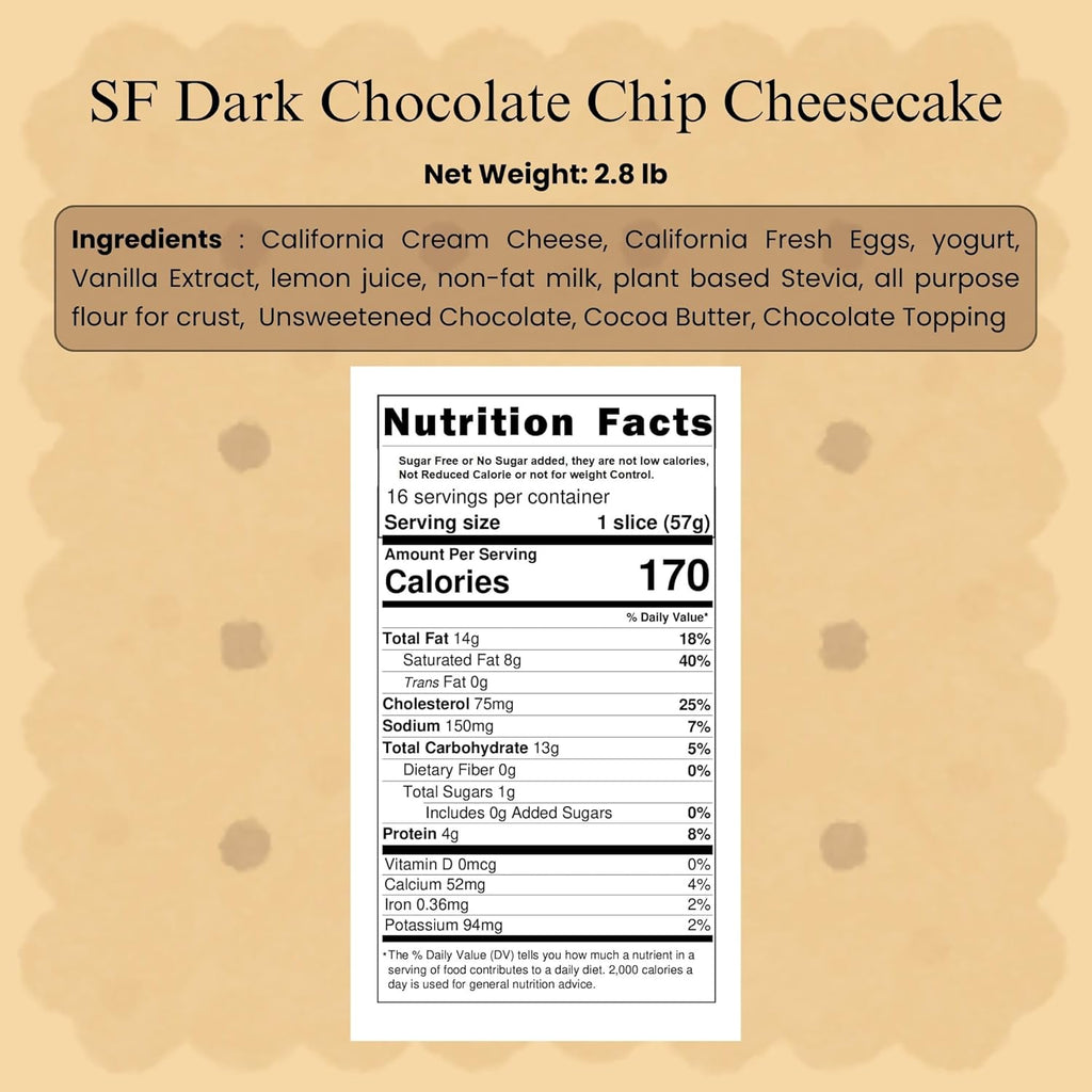 Andy Anand Sugar Free Dark Chocolate Chip Cheesecake 9” – Fresh Cream Cheese, Diabetic Friendly, Handmade, No Preservatives, 2.8 lb