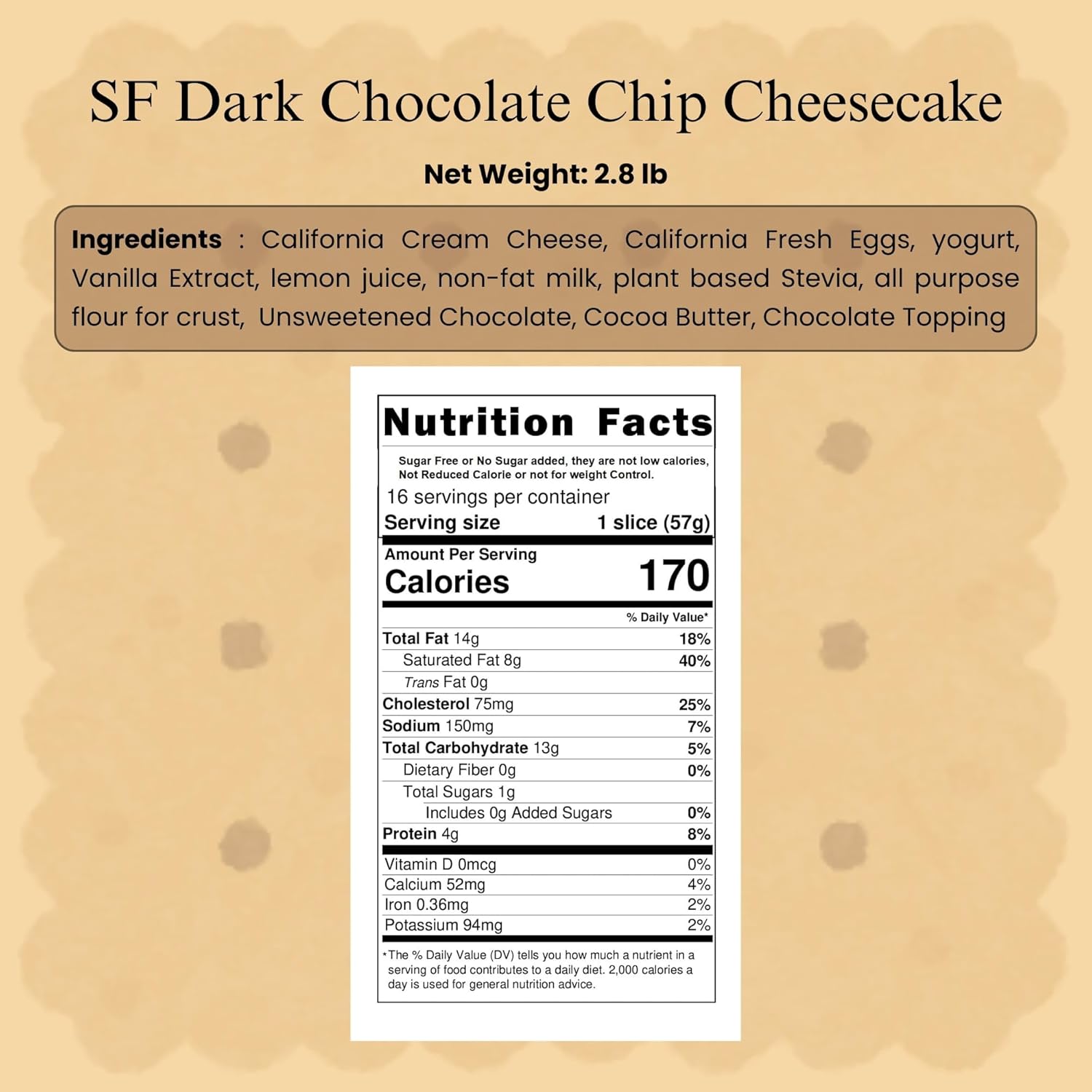 Andy Anand Sugar Free Dark Chocolate Chip Cheesecake 9” – Fresh Cream Cheese, Diabetic Friendly, Handmade, No Preservatives, 2.8 lb